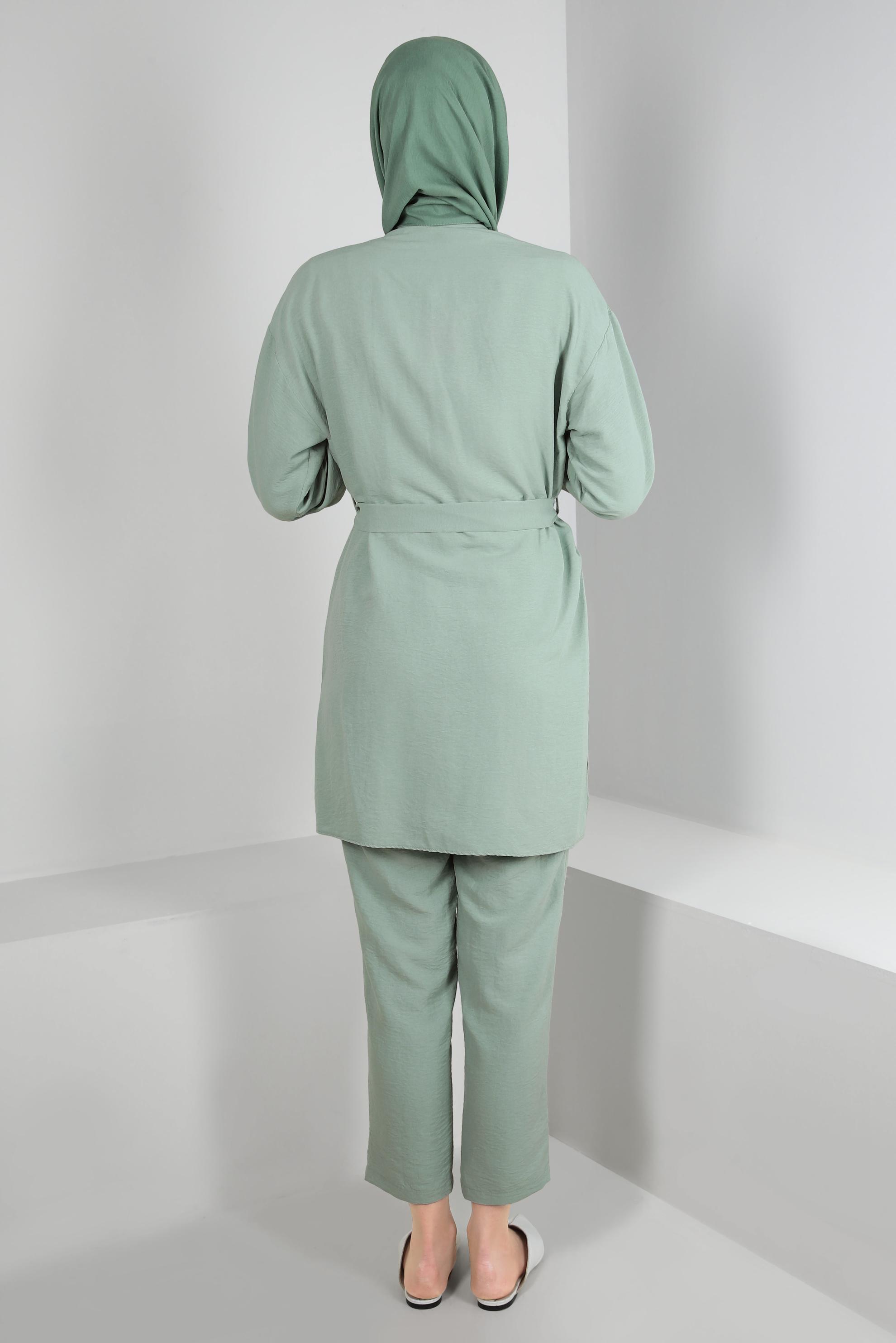 Tesettür giyim MAVİ KUŞAKLI BELİ LASTİKLİ İKİLİ PANTOLONLU TAKIM 43598