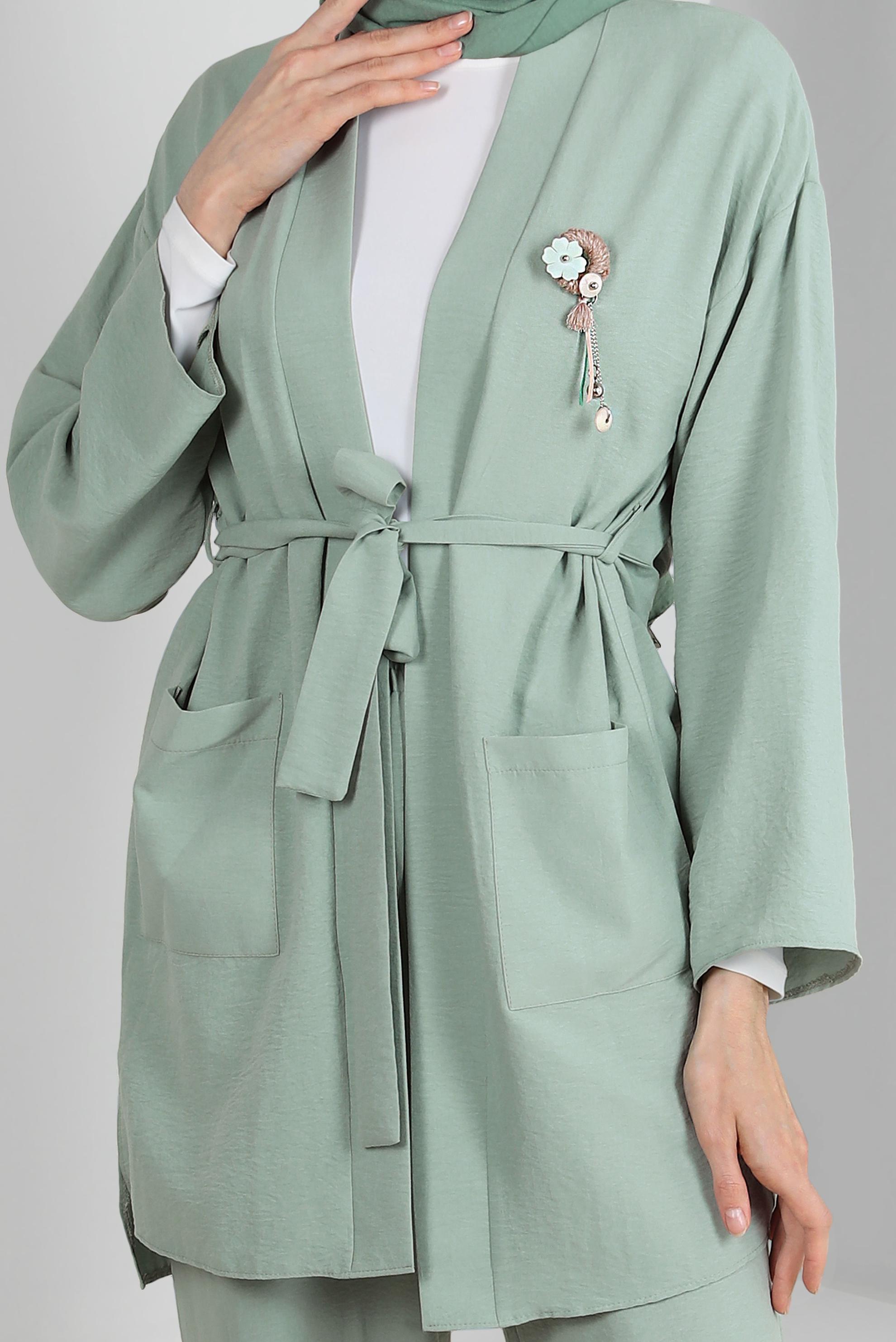 Tesettür giyim MAVİ KUŞAKLI BELİ LASTİKLİ İKİLİ PANTOLONLU TAKIM 43598