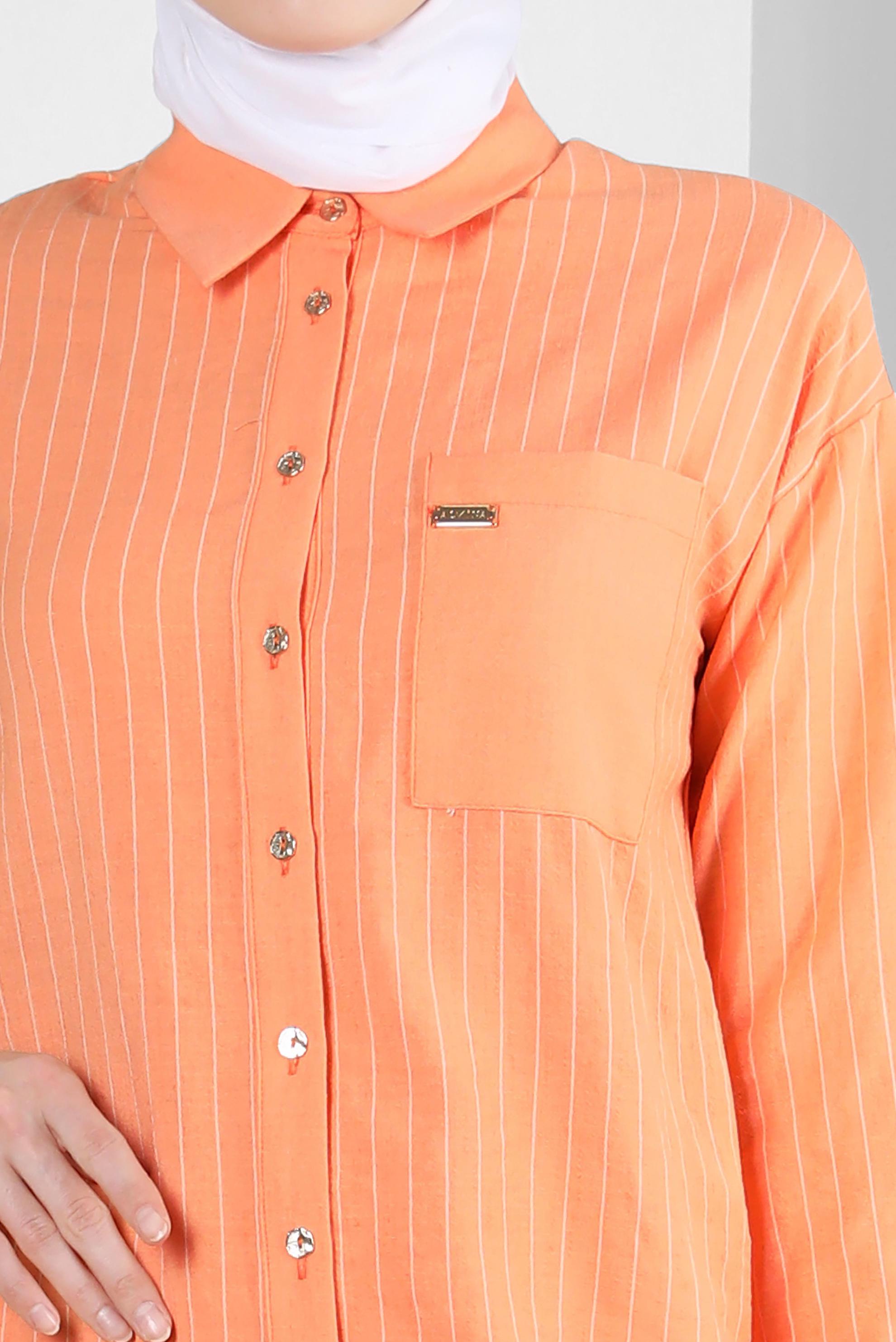 Tesettür giyim TURUNCU ÇİZGİLİ PAÇASI YIRTMAÇ DETAYLI PANTOLONLU TAKIM 43600