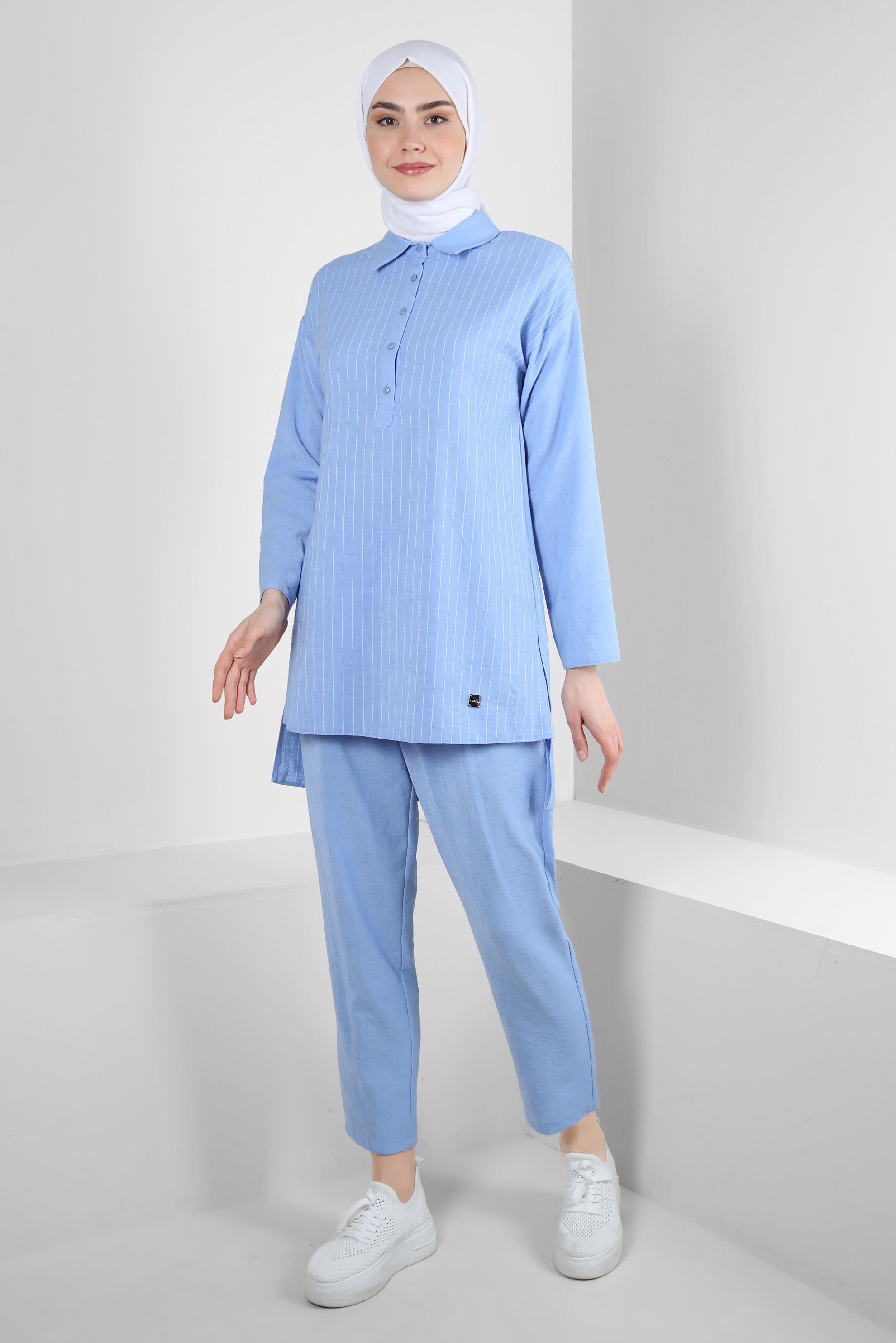 Tesettür giyim MAVİ ÇİZGİLİ GÖMLEK YAKA İKİLİ PANTOLONLU TAKIM 43601