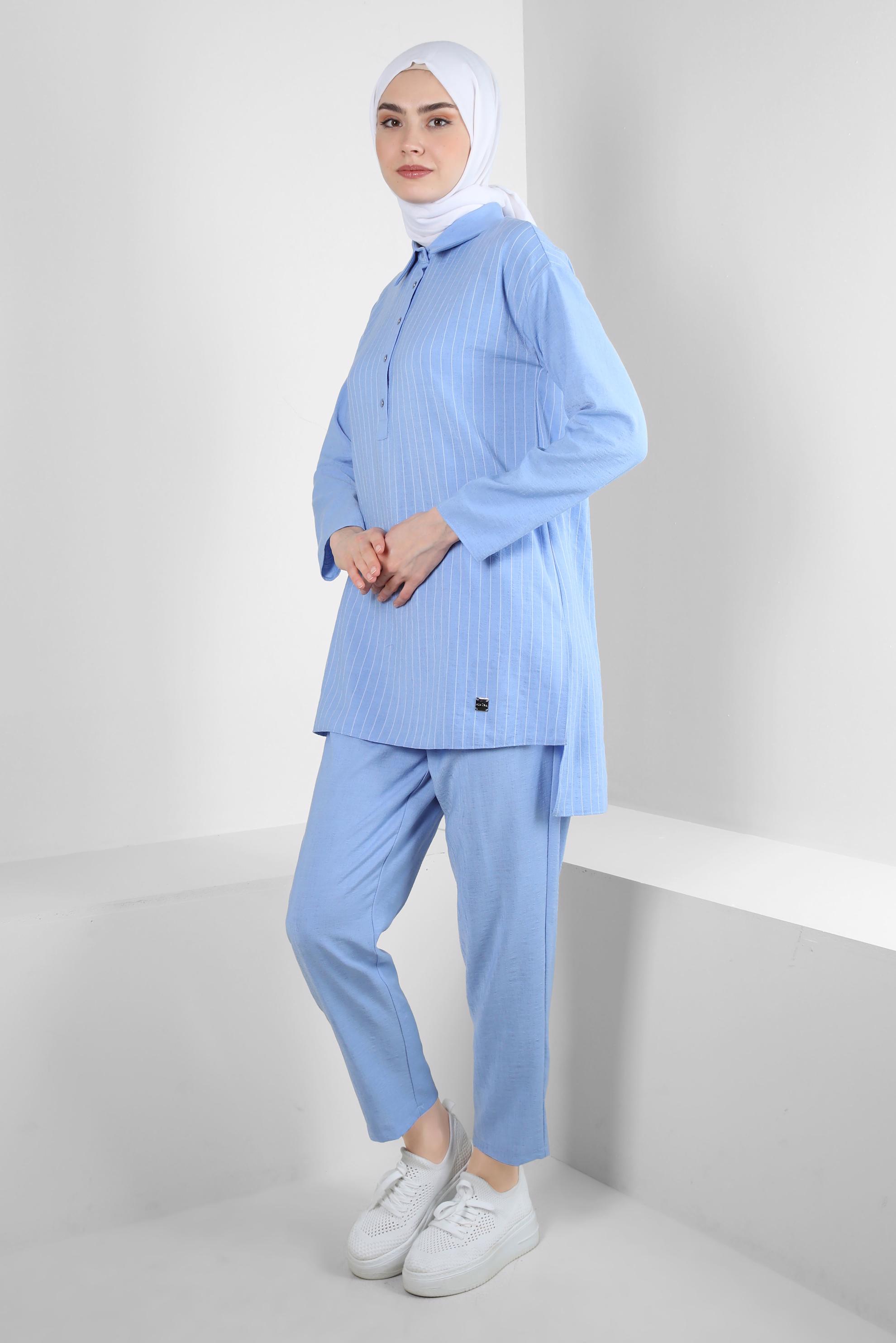 Tesettür giyim MAVİ ÇİZGİLİ GÖMLEK YAKA İKİLİ PANTOLONLU TAKIM 43601