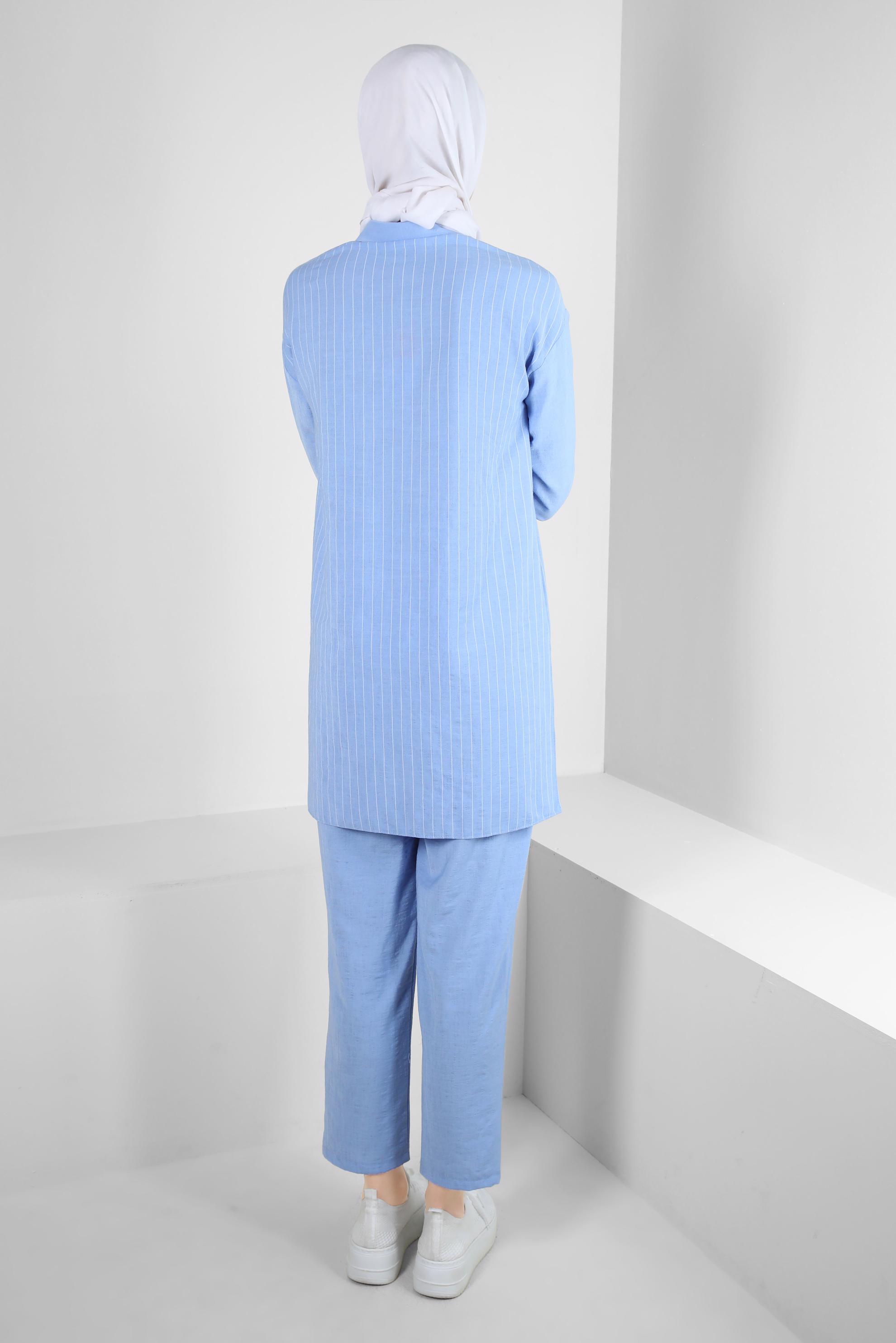 Tesettür giyim MAVİ ÇİZGİLİ GÖMLEK YAKA İKİLİ PANTOLONLU TAKIM 43601