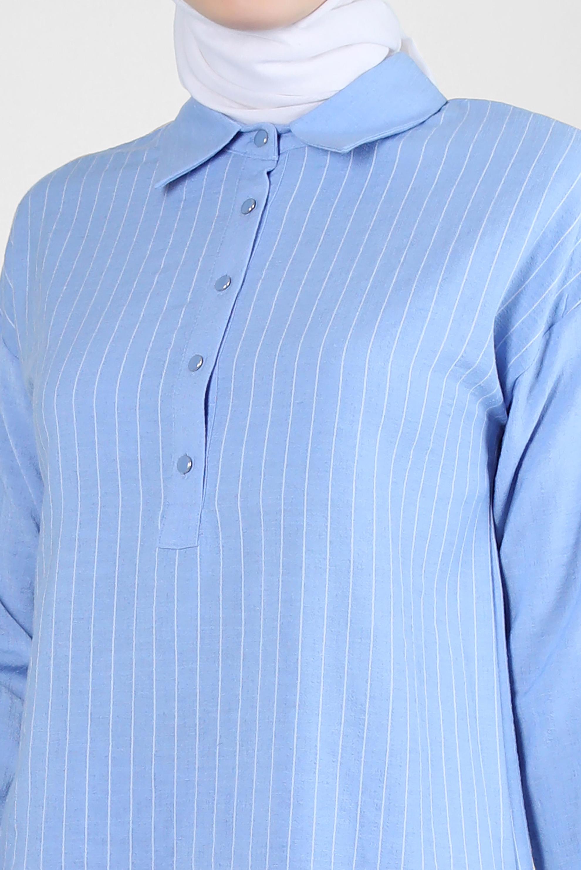 Tesettür giyim MAVİ ÇİZGİLİ GÖMLEK YAKA İKİLİ PANTOLONLU TAKIM 43601