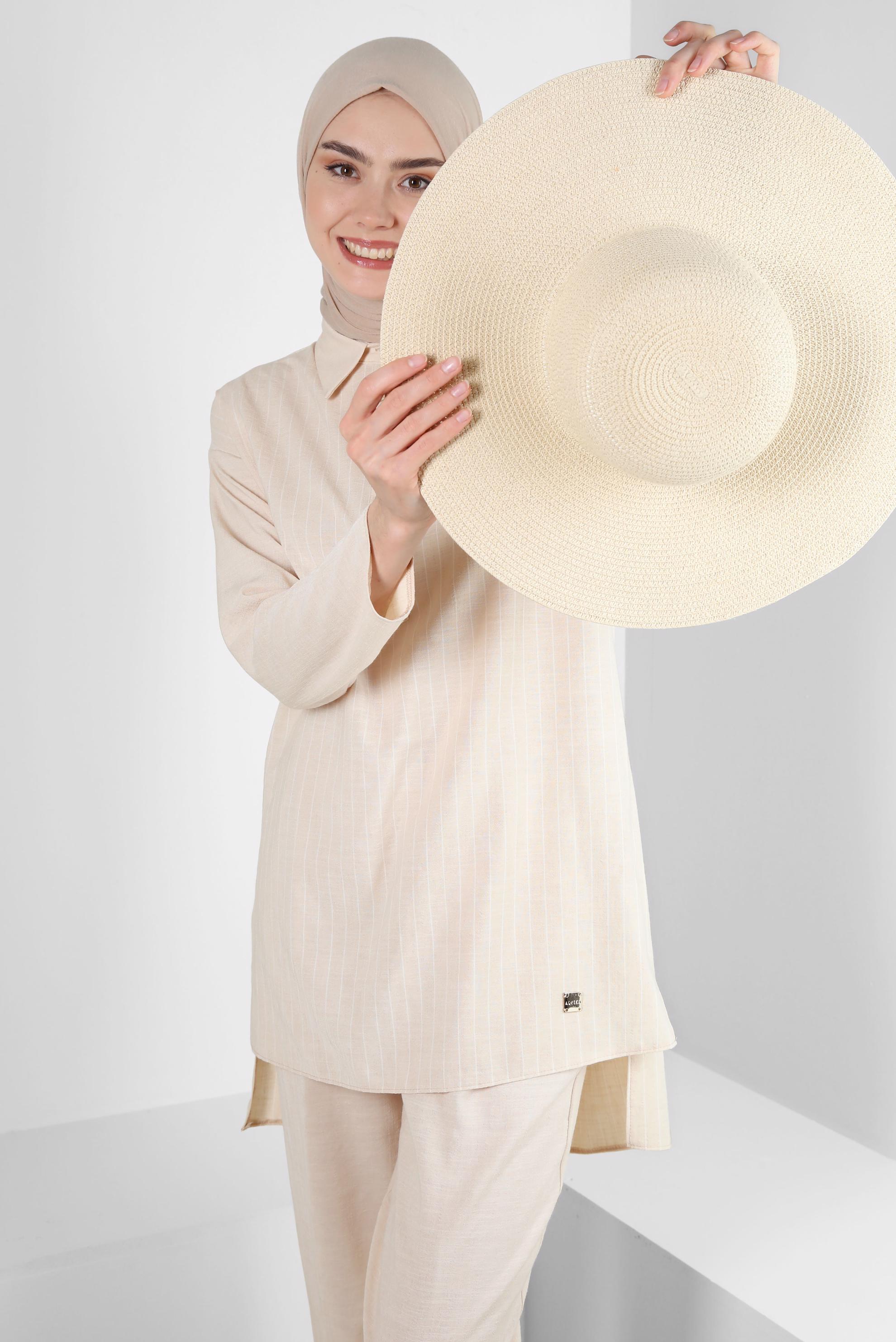 Tesettür giyim BEJ ÇİZGİLİ GÖMLEK YAKA İKİLİ PANTOLONLU TAKIM 43601