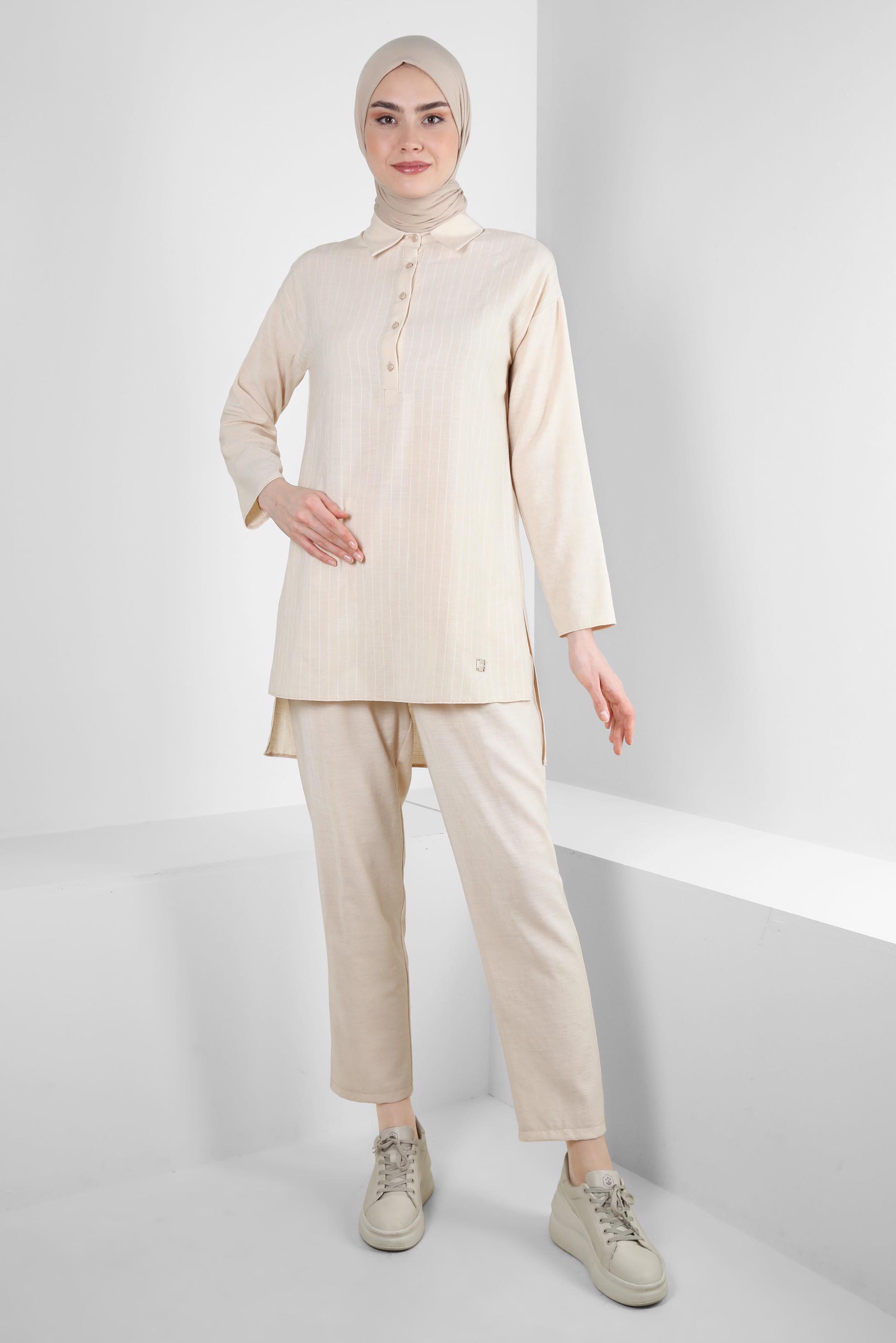Tesettür giyim BEJ ÇİZGİLİ GÖMLEK YAKA İKİLİ PANTOLONLU TAKIM 43601