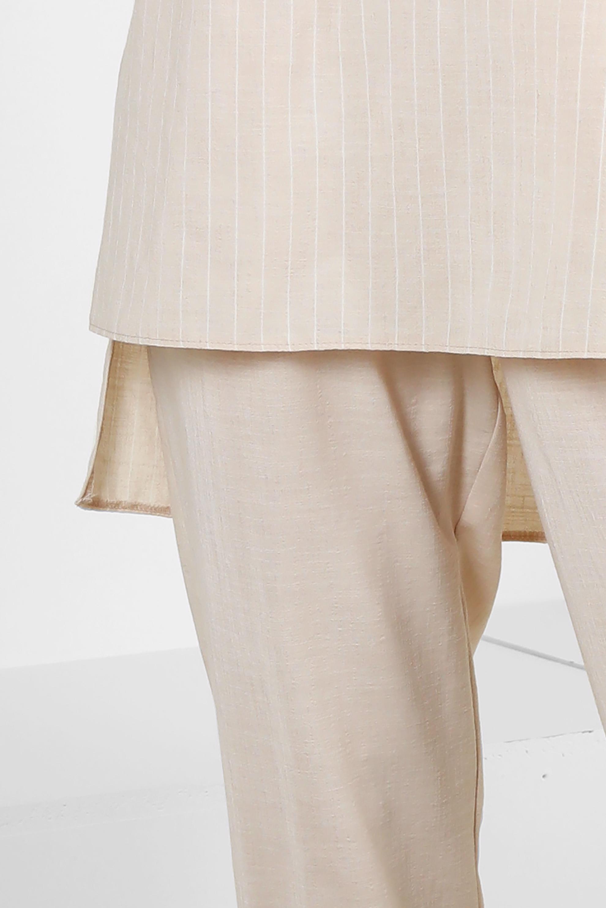 Tesettür giyim BEJ ÇİZGİLİ GÖMLEK YAKA İKİLİ PANTOLONLU TAKIM 43601