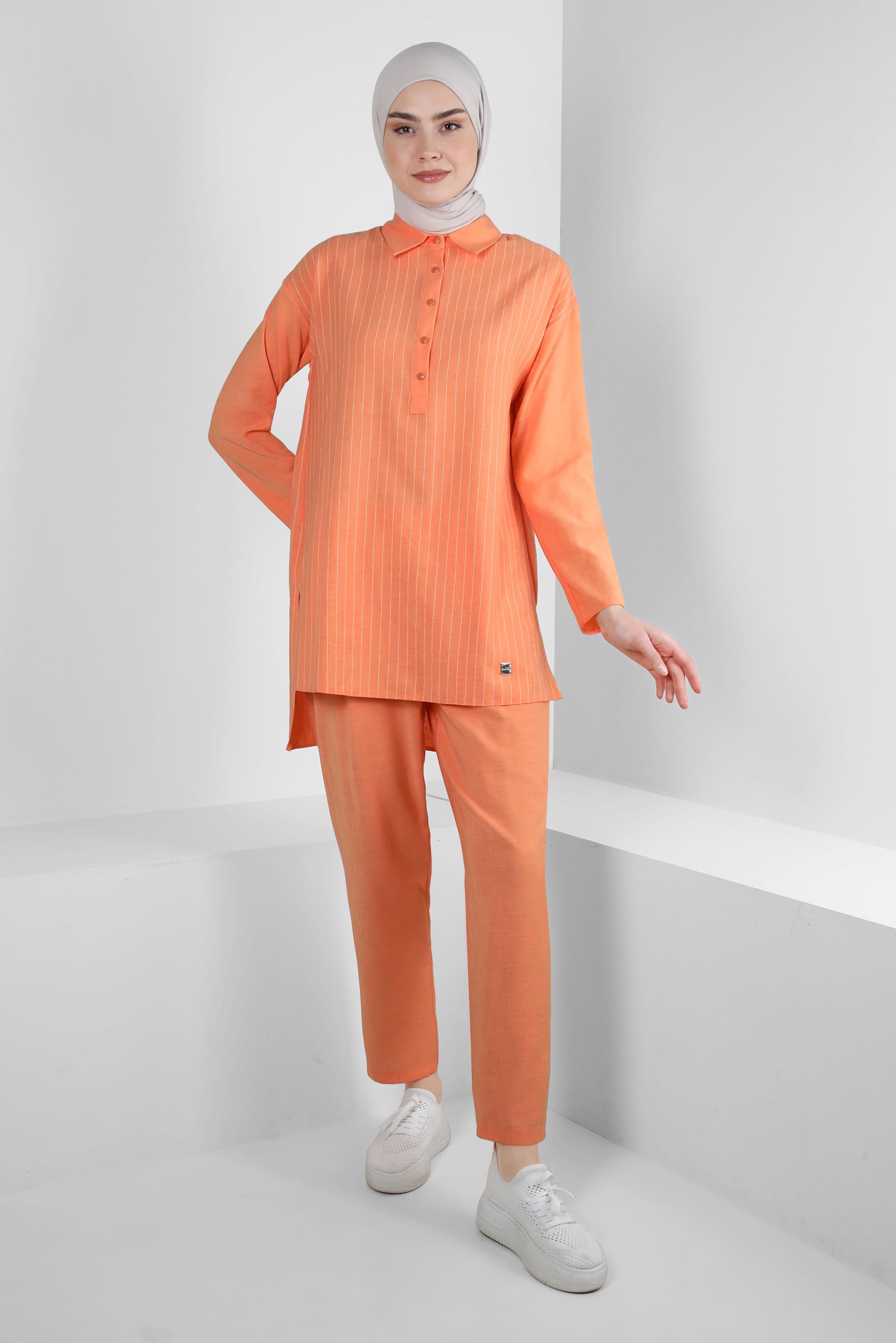 Tesettür giyim TURUNCU ÇİZGİLİ GÖMLEK YAKA İKİLİ PANTOLONLU TAKIM 43601