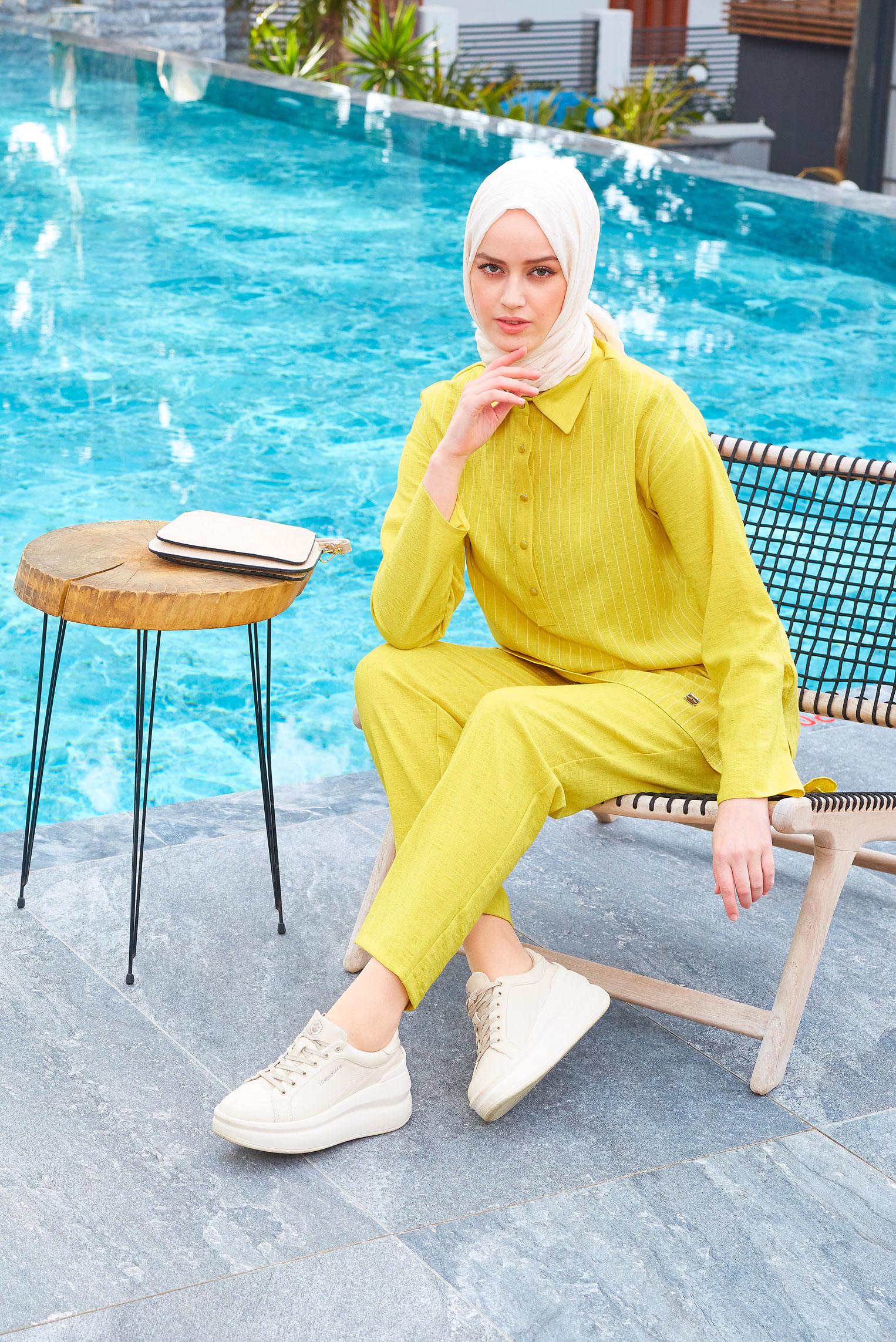 Tesettür giyim YEŞİL ÇİZGİLİ GÖMLEK YAKA İKİLİ PANTOLONLU TAKIM 43601