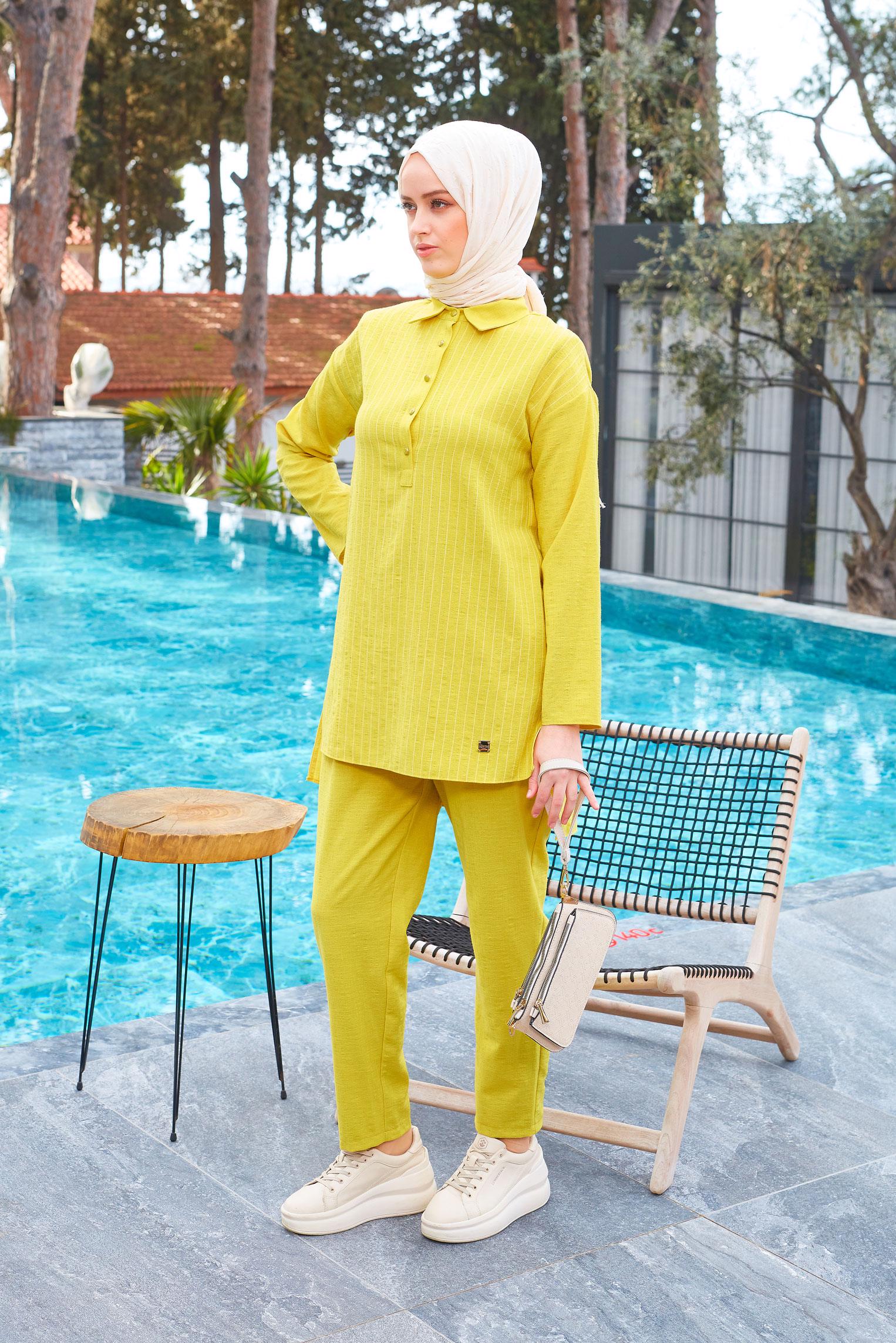 Tesettür giyim YEŞİL ÇİZGİLİ GÖMLEK YAKA İKİLİ PANTOLONLU TAKIM 43601