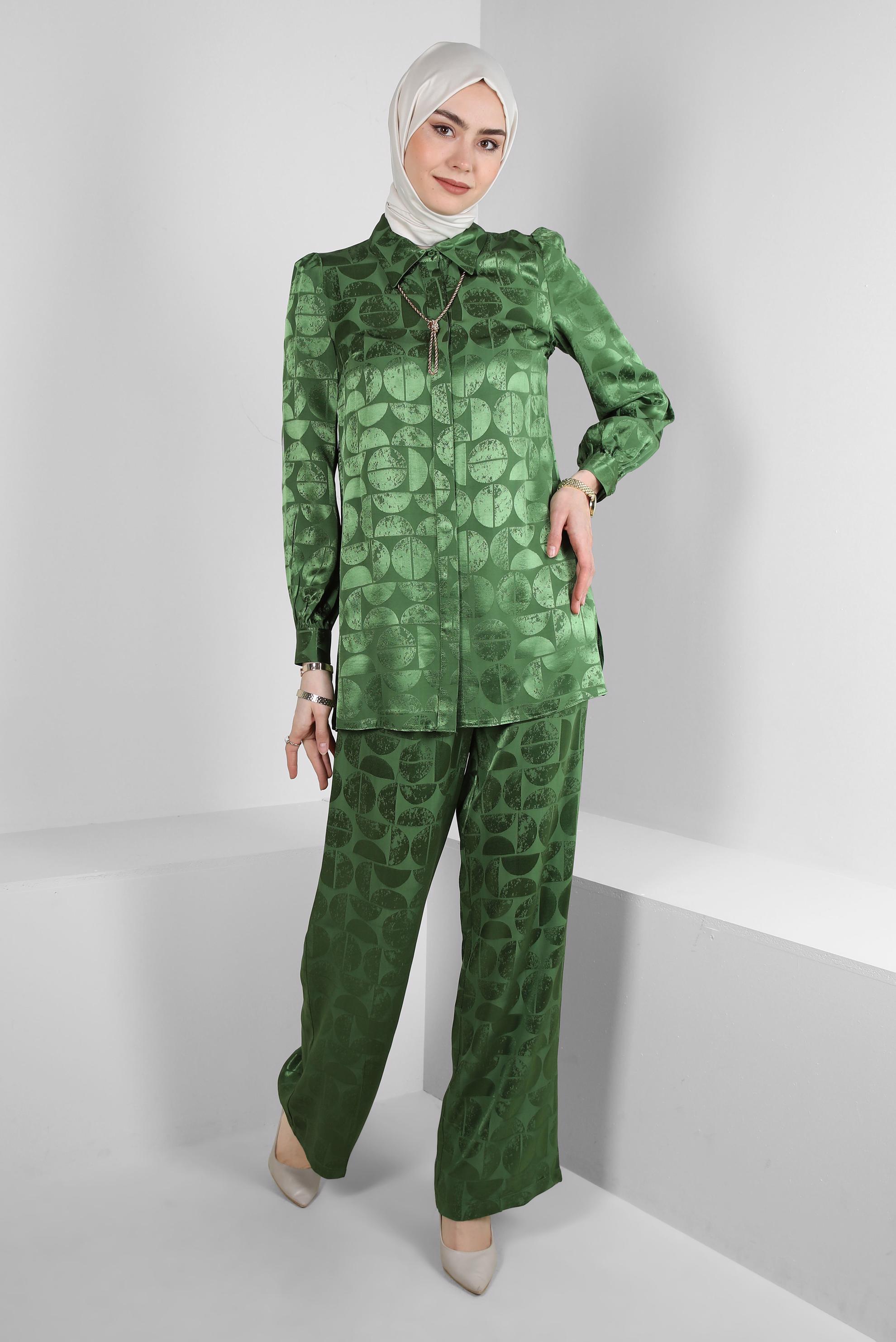 Tesettür giyim HAKİ SATEN JAKAR İKİLİ PANTOLONLU TAKIM 43602