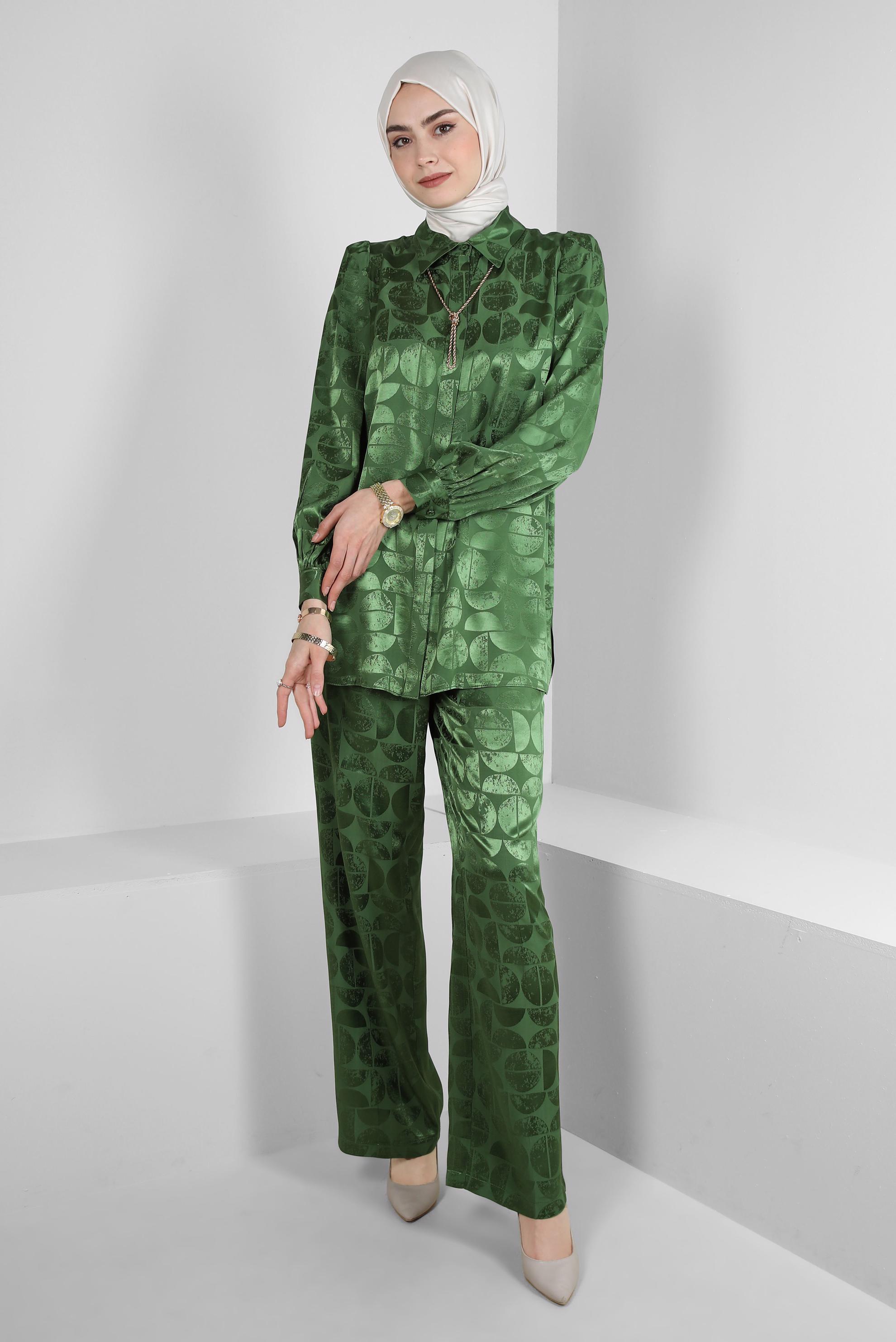 Tesettür giyim HAKİ SATEN JAKAR İKİLİ PANTOLONLU TAKIM 43602
