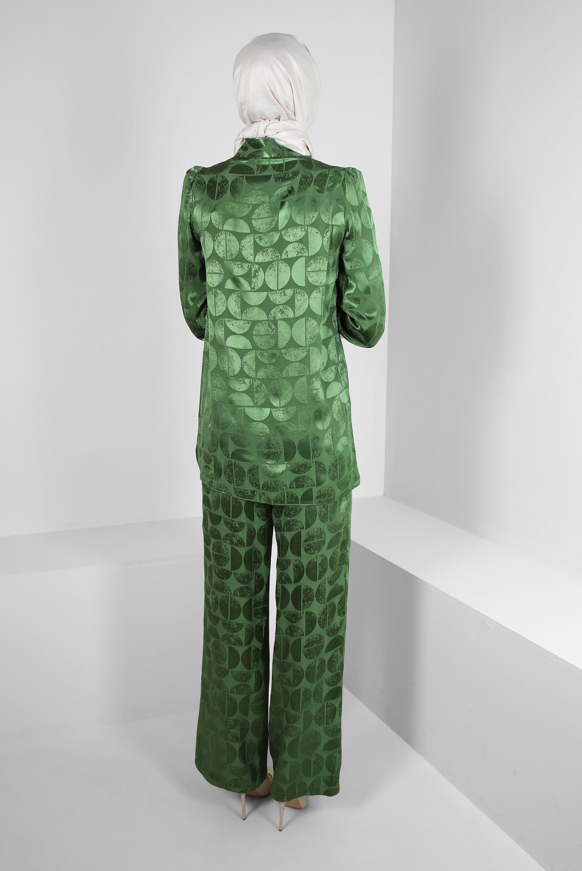 Tesettür giyim HAKİ SATEN JAKAR İKİLİ PANTOLONLU TAKIM 43602