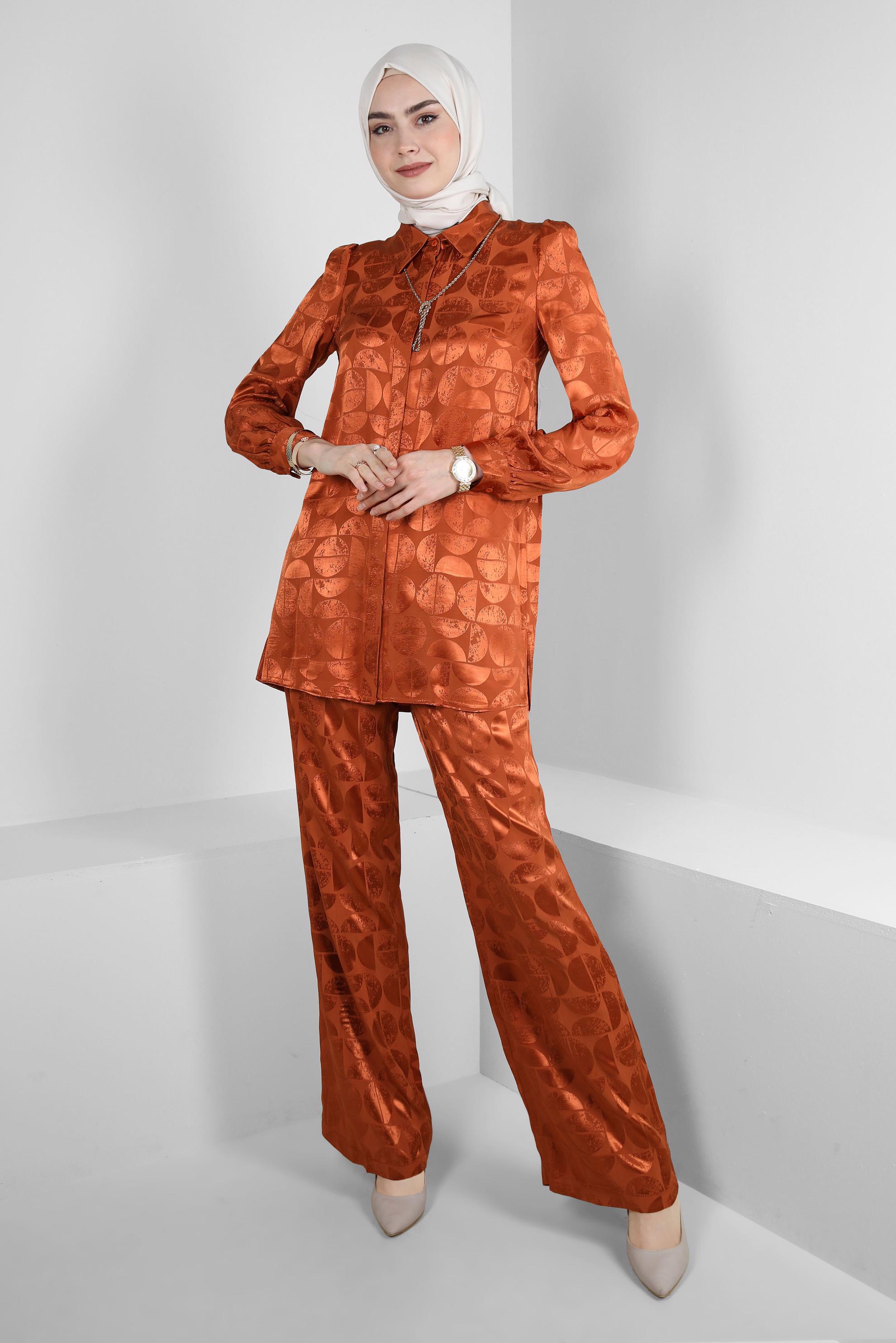 Tesettür giyim TURUNCU SATEN JAKAR İKİLİ PANTOLONLU TAKIM 43602