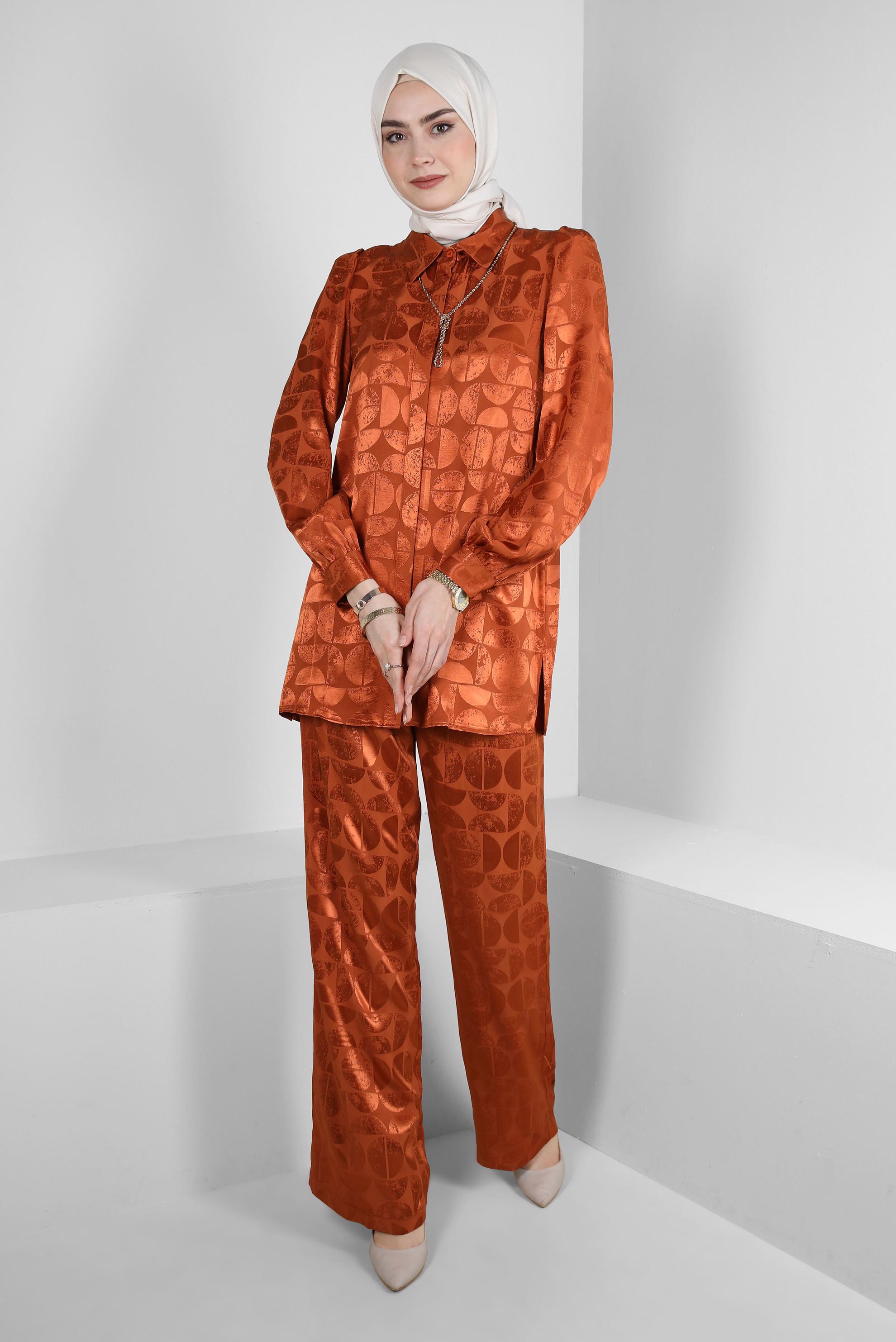 Tesettür giyim TURUNCU SATEN JAKAR İKİLİ PANTOLONLU TAKIM 43602