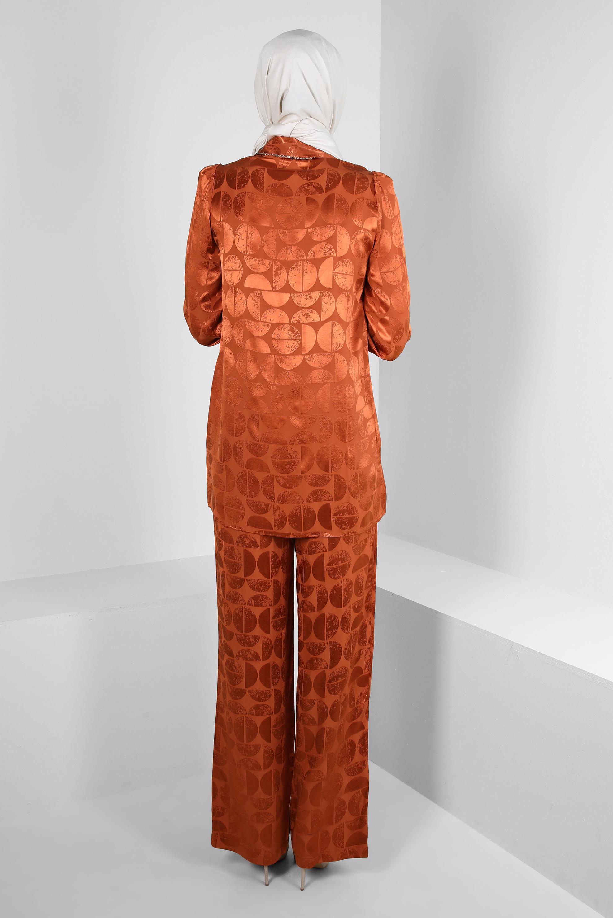 Tesettür giyim TURUNCU SATEN JAKAR İKİLİ PANTOLONLU TAKIM 43602