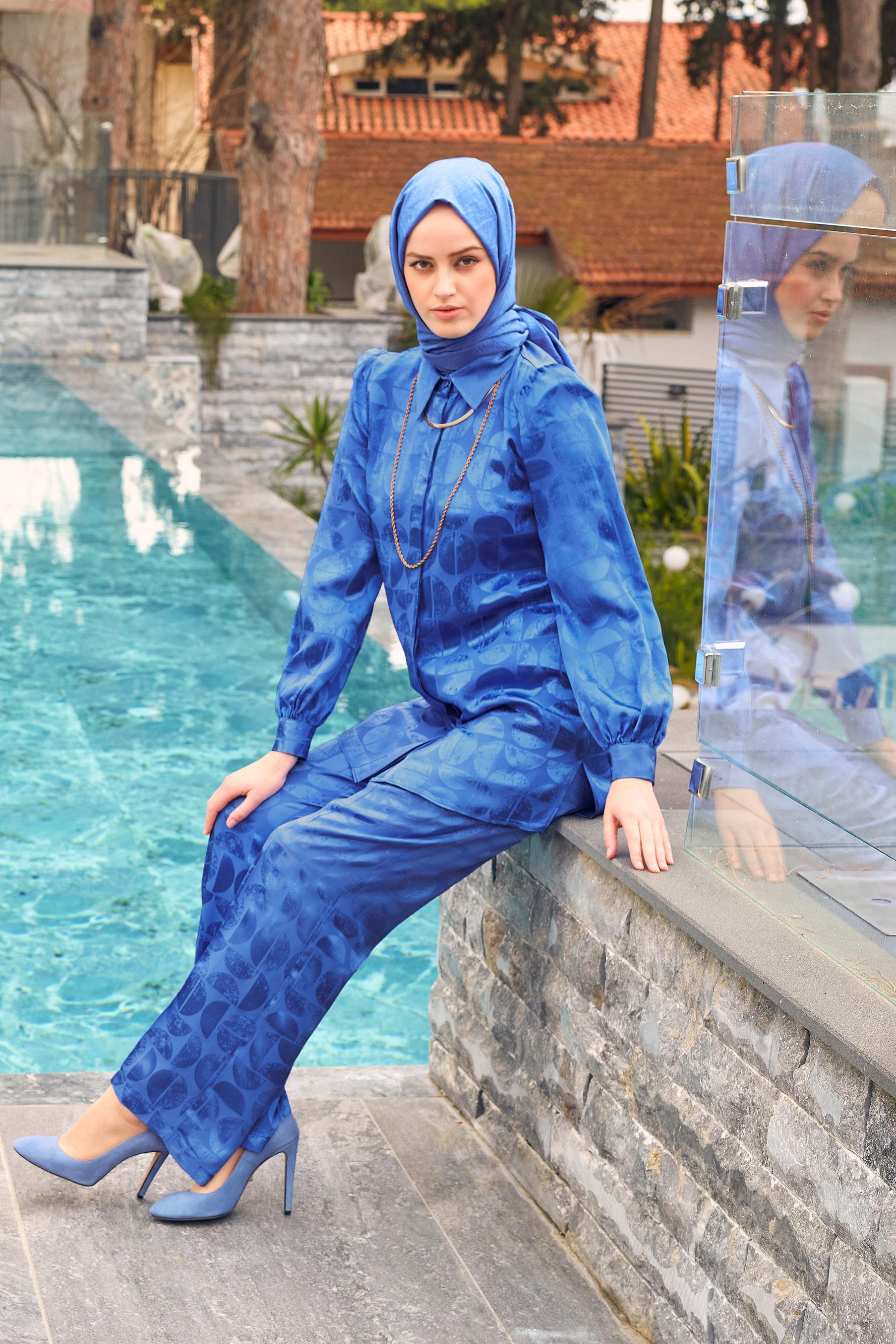 Tesettür giyim LACİVERT SATEN JAKAR İKİLİ PANTOLONLU TAKIM 43602