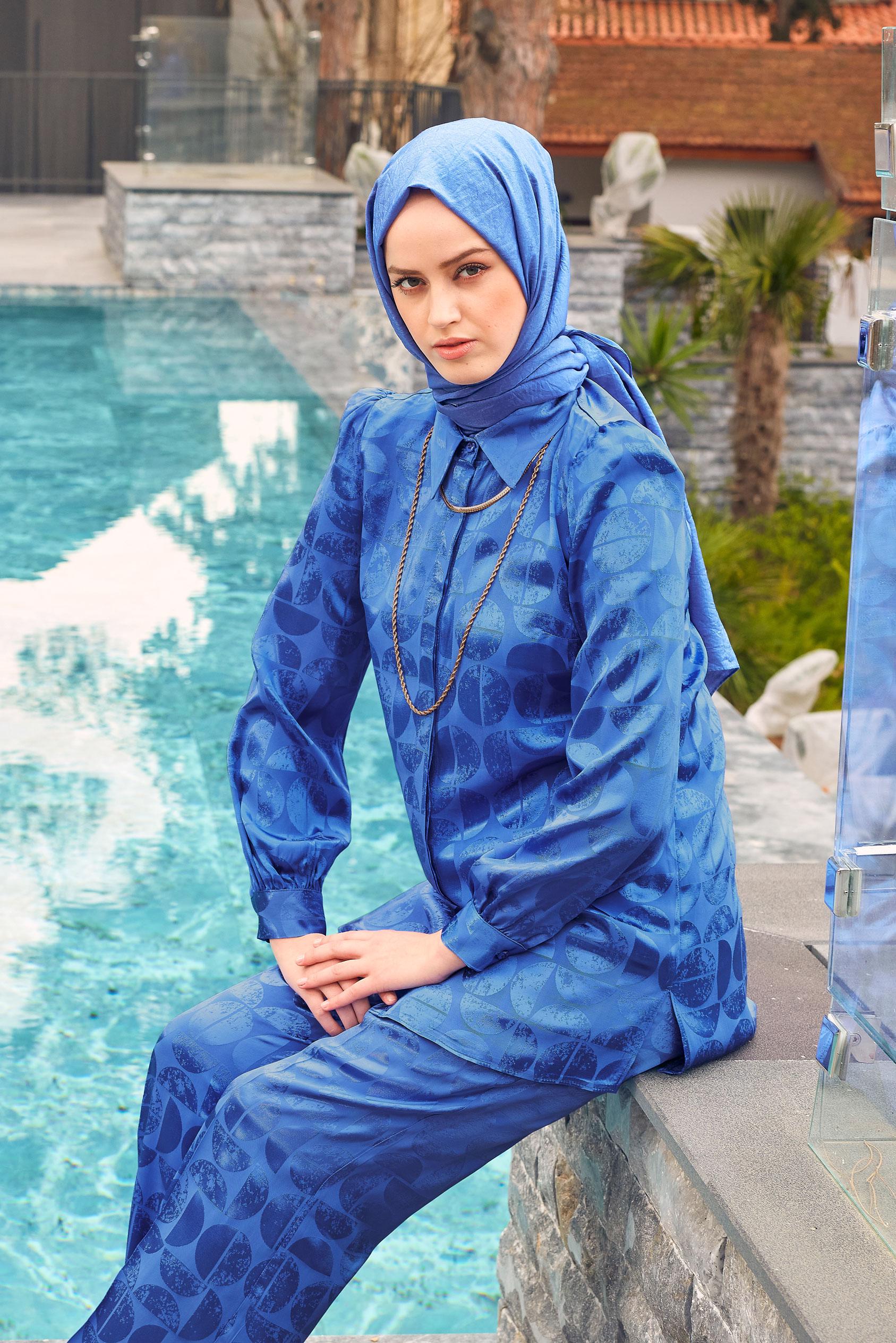 Tesettür giyim LACİVERT SATEN JAKAR İKİLİ PANTOLONLU TAKIM 43602