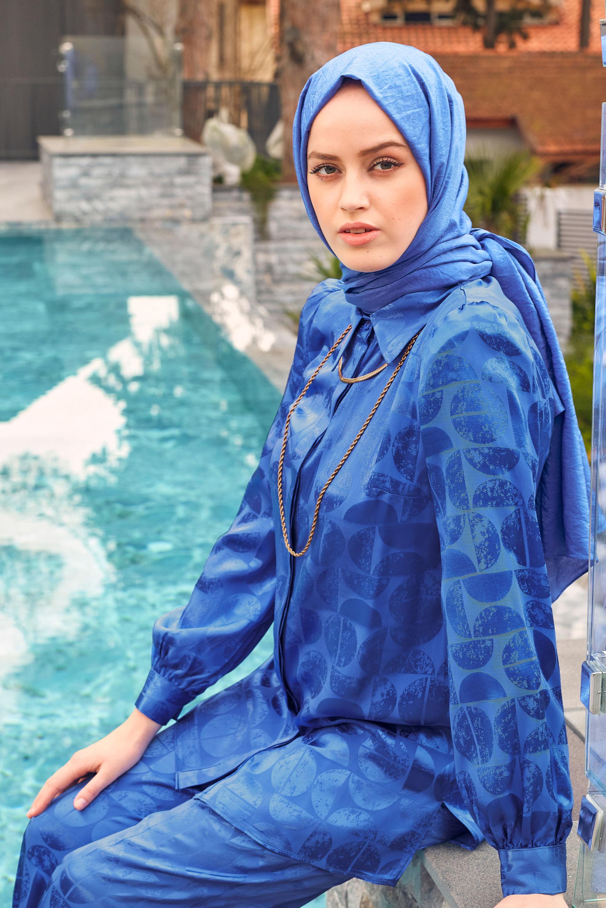 Tesettür giyim LACİVERT SATEN JAKAR İKİLİ PANTOLONLU TAKIM 43602