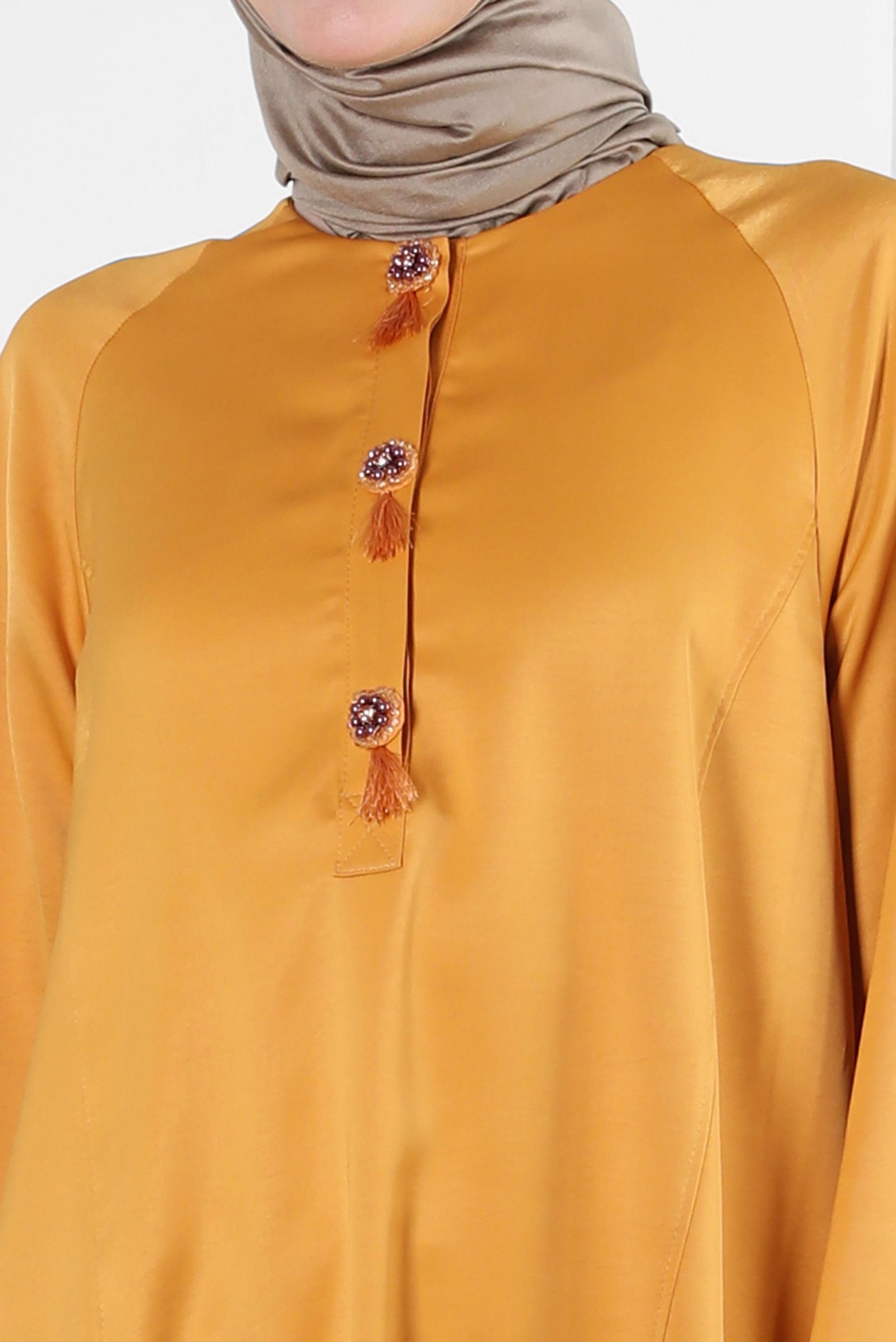 Tesettür giyim SARI ASİMETRİK KESİM SATEN İKİLİ PANTOLONLU TAKIM 43613