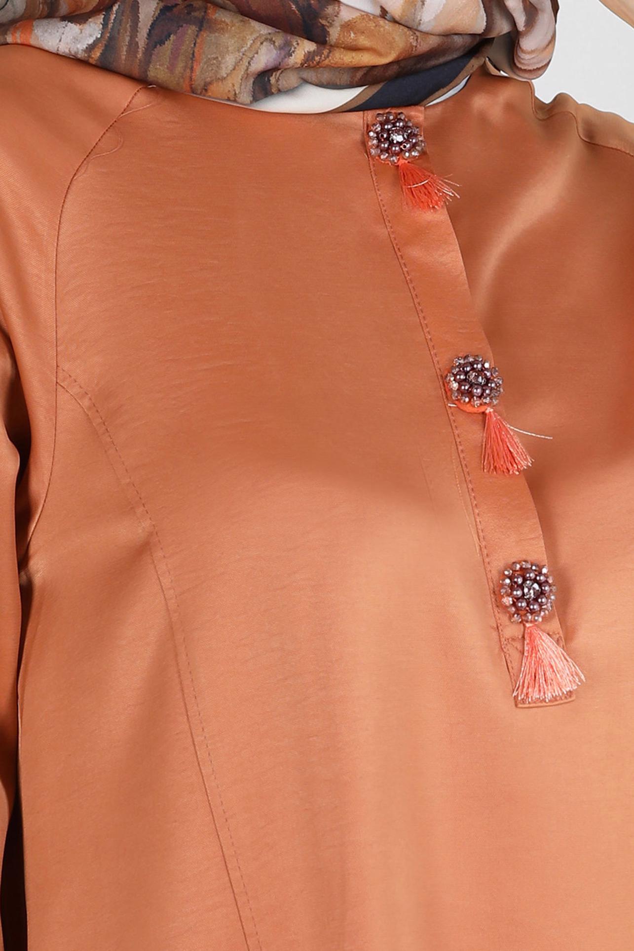 Tesettür giyim TURUNCU ASİMETRİK KESİM SATEN İKİLİ PANTOLONLU TAKIM 43613