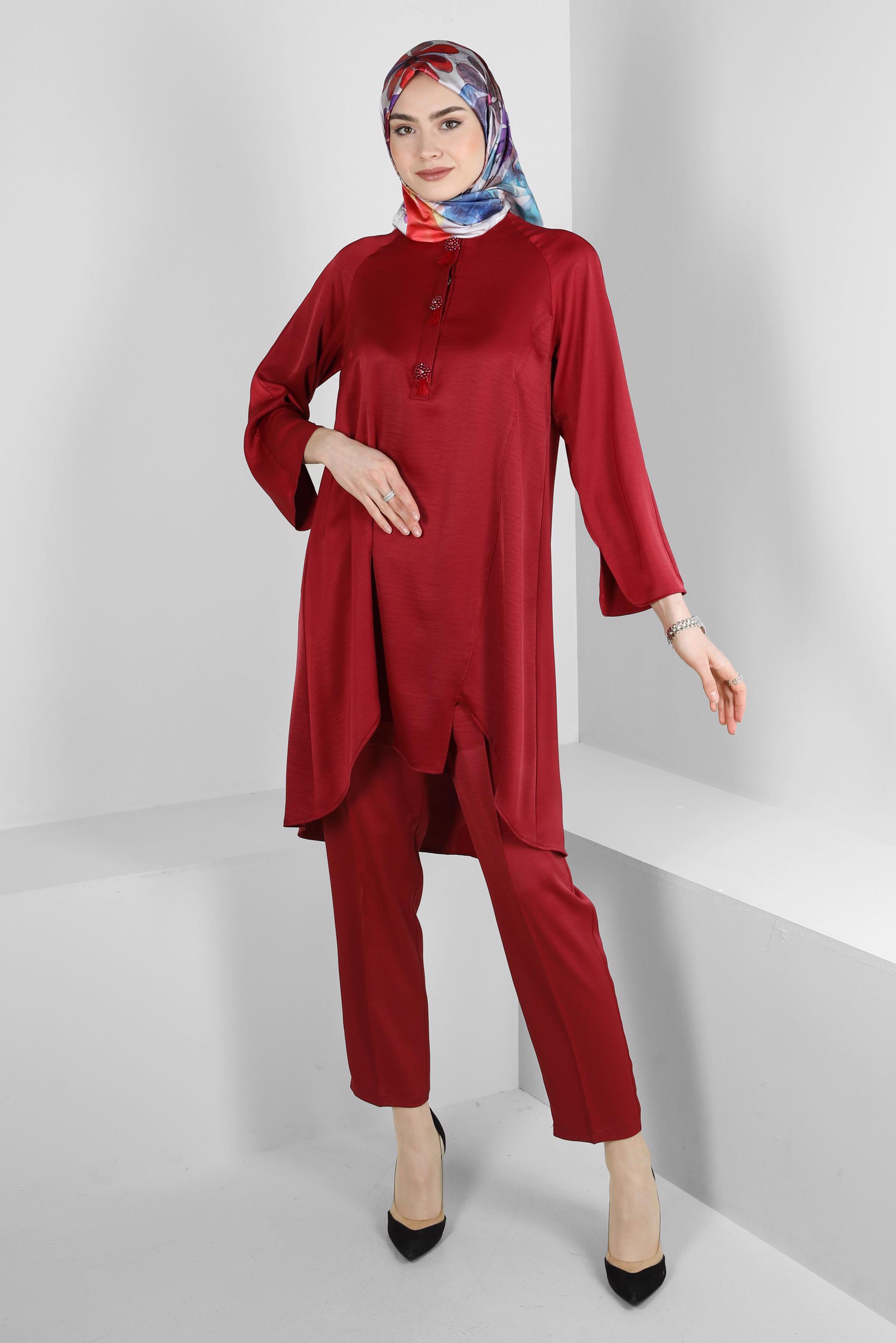 Tesettür giyim BORDO ASİMETRİK KESİM SATEN İKİLİ PANTOLONLU TAKIM 43613