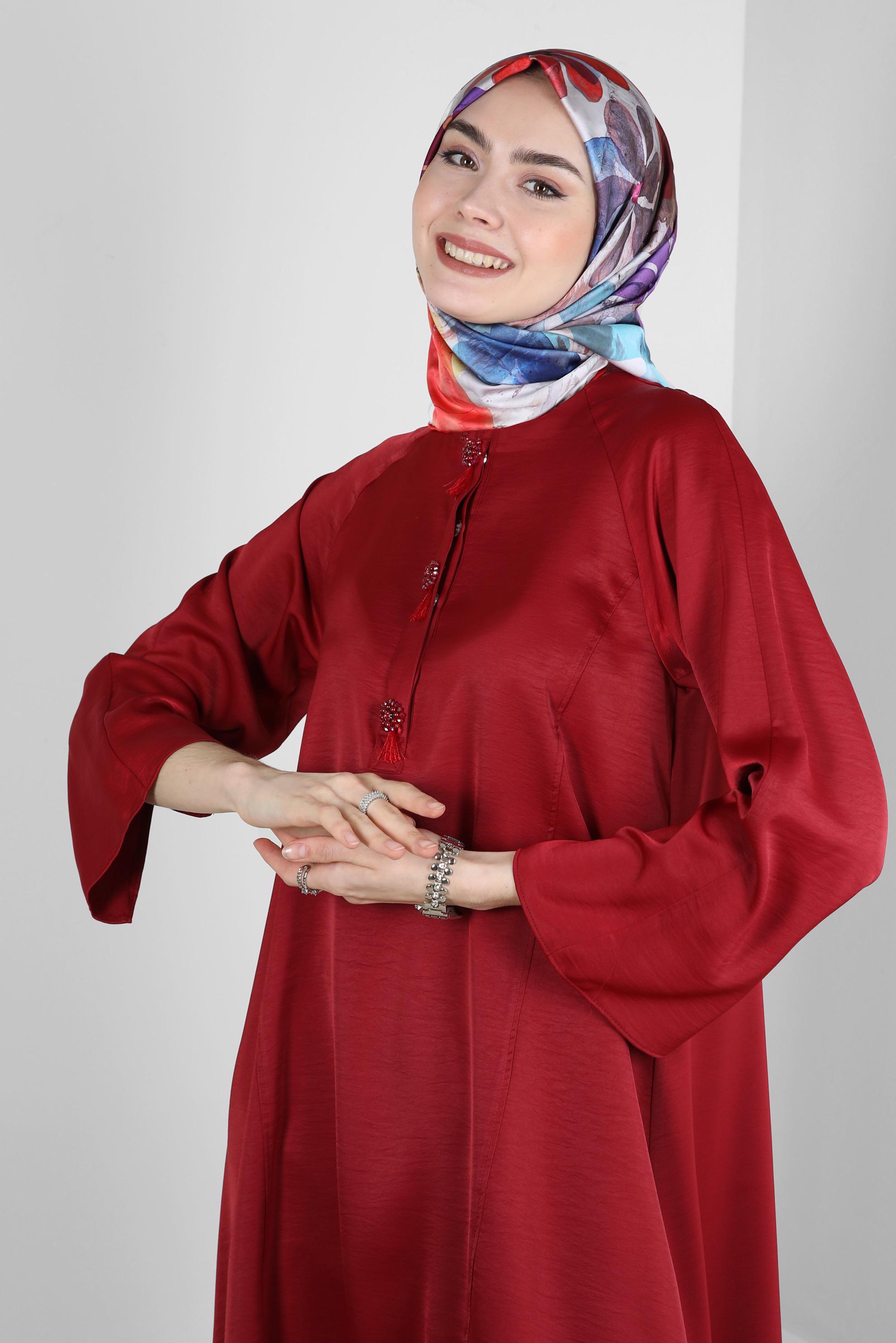 Tesettür giyim BORDO ASİMETRİK KESİM SATEN İKİLİ PANTOLONLU TAKIM 43613