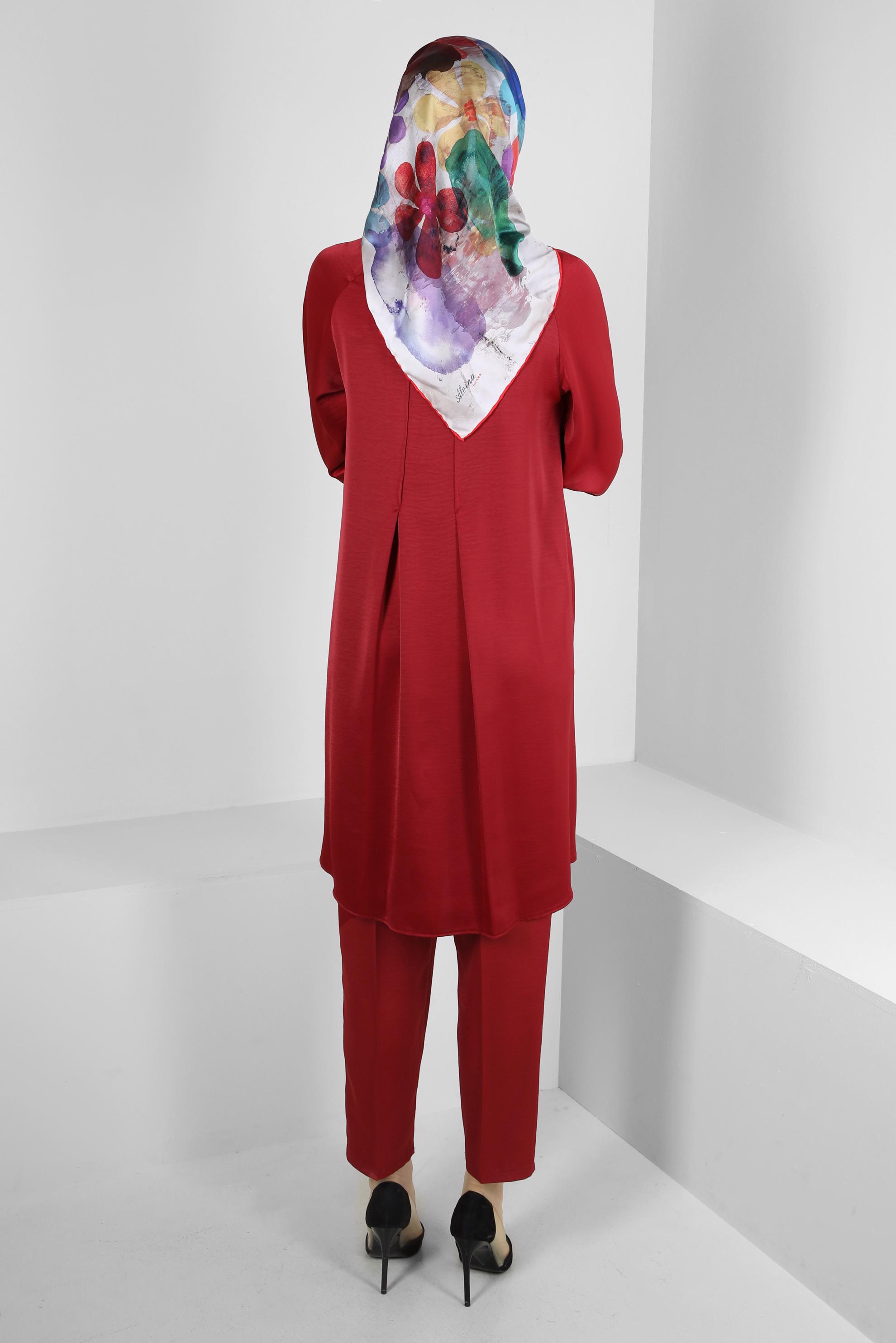 Tesettür giyim BORDO ASİMETRİK KESİM SATEN İKİLİ PANTOLONLU TAKIM 43613