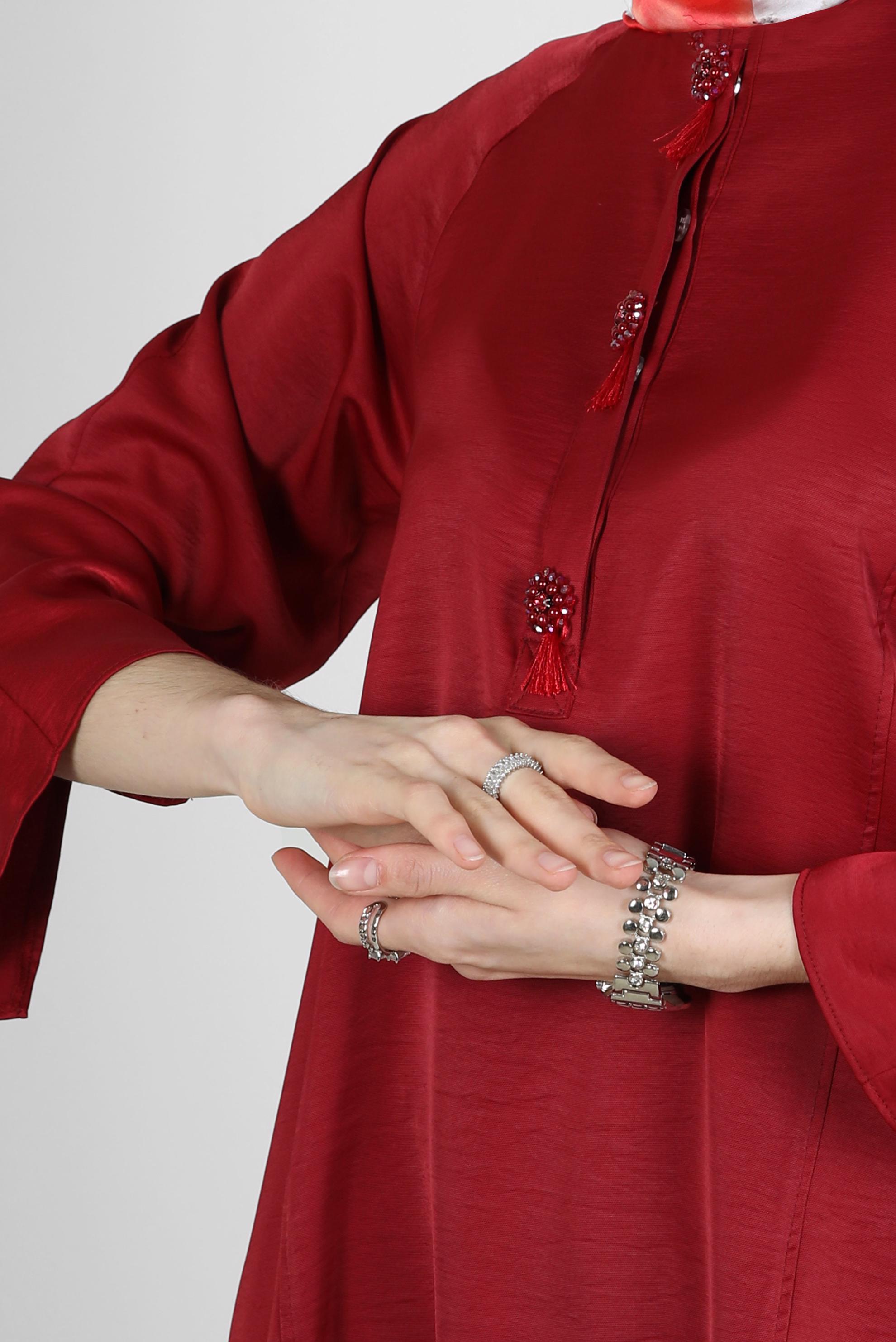 Tesettür giyim BORDO ASİMETRİK KESİM SATEN İKİLİ PANTOLONLU TAKIM 43613