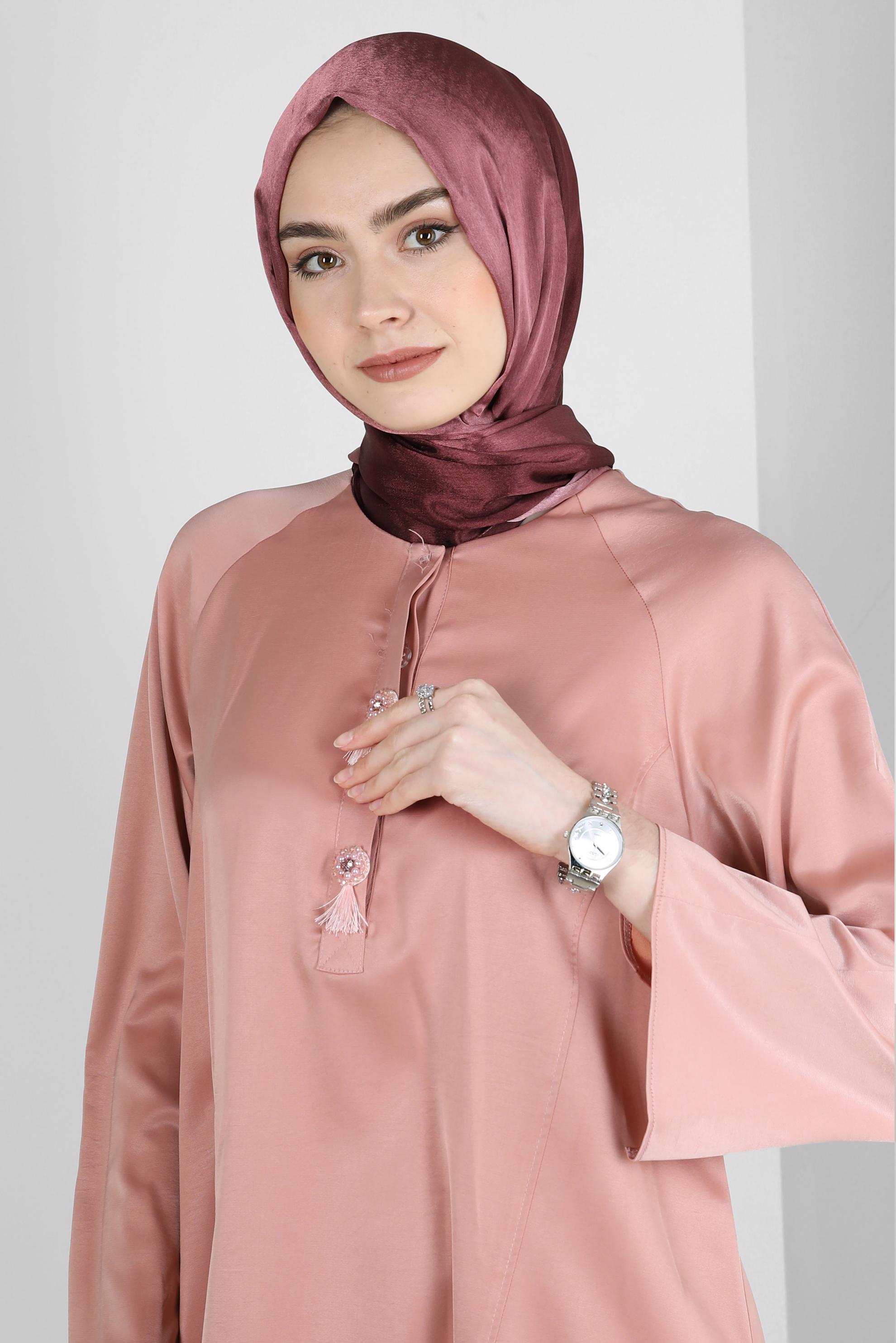 Tesettür giyim PUDRA ASİMETRİK KESİM SATEN İKİLİ PANTOLONLU TAKIM 43613