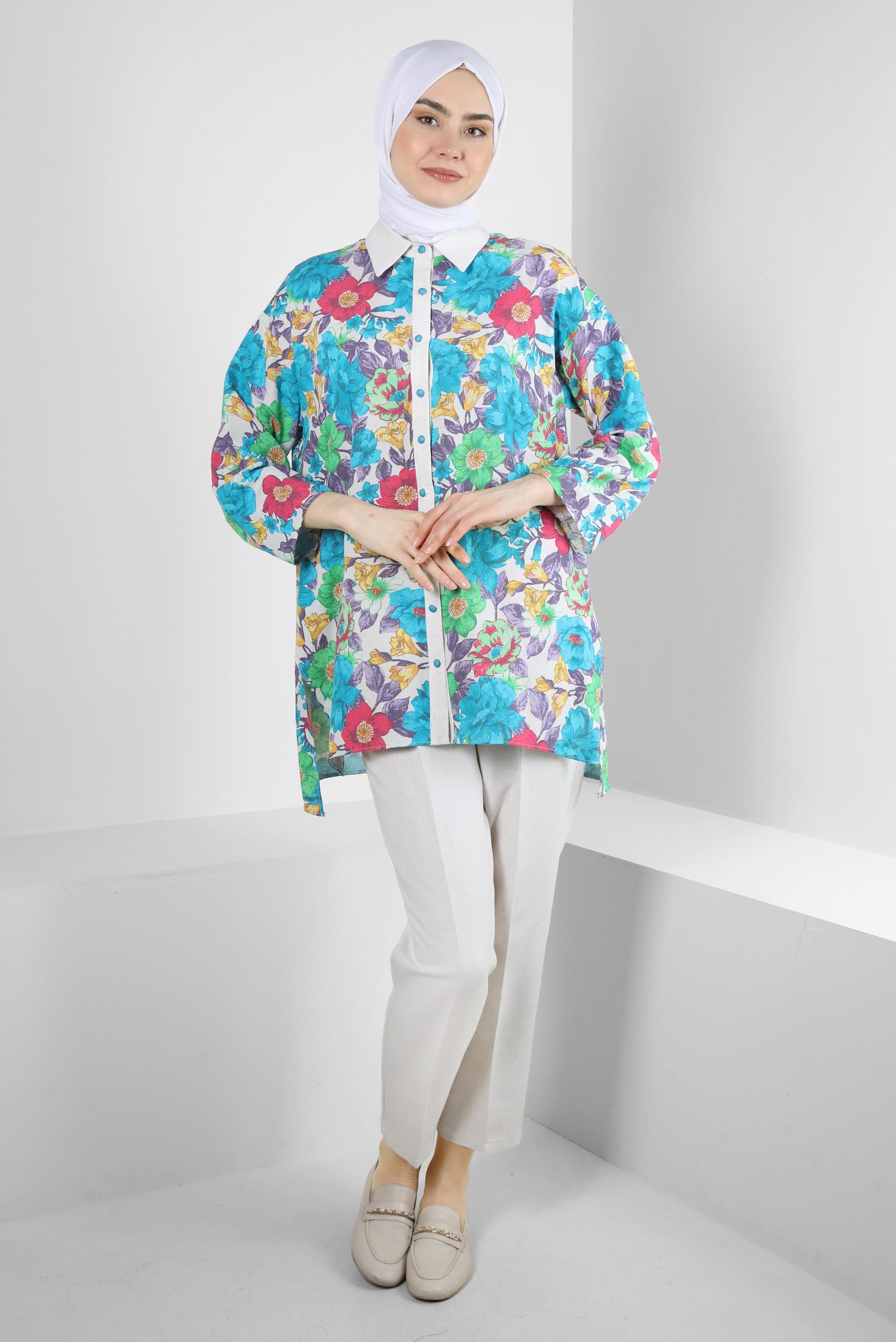 Tesettür giyim MAVİ ÇİÇEK DESENLİ İKİLİ PANTOLONLU TAKIM 43631