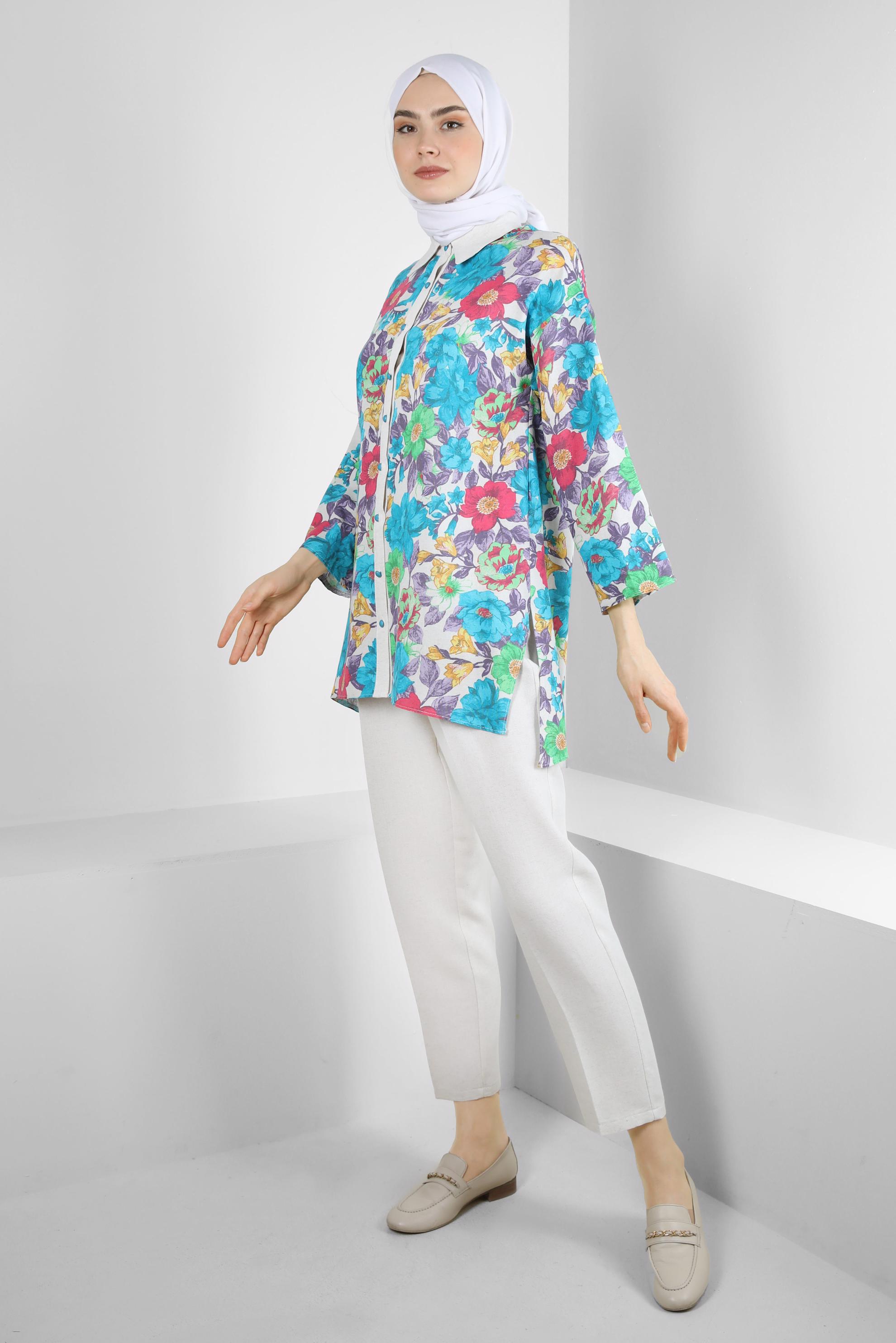 Tesettür giyim MAVİ ÇİÇEK DESENLİ İKİLİ PANTOLONLU TAKIM 43631