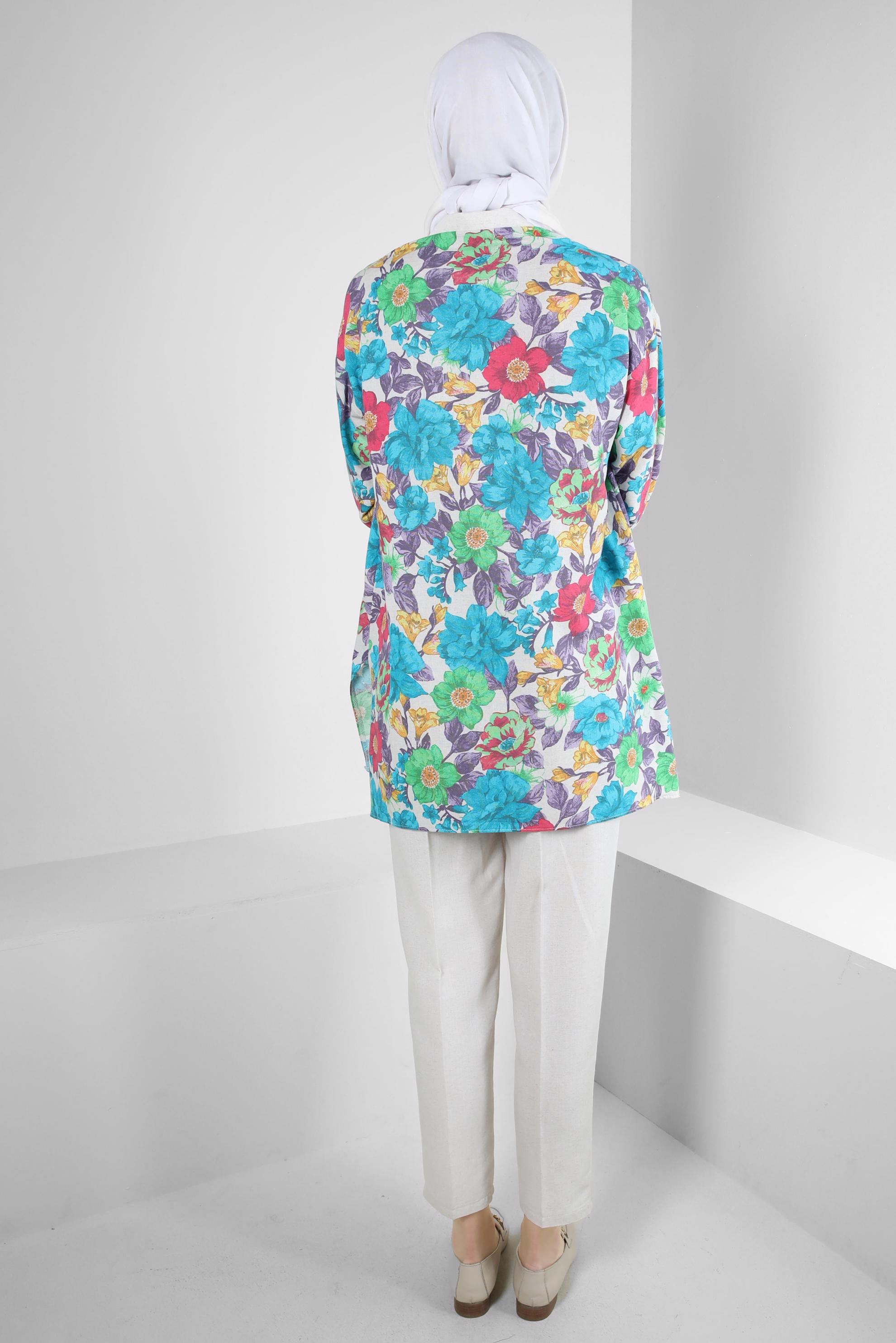 Tesettür giyim MAVİ ÇİÇEK DESENLİ İKİLİ PANTOLONLU TAKIM 43631