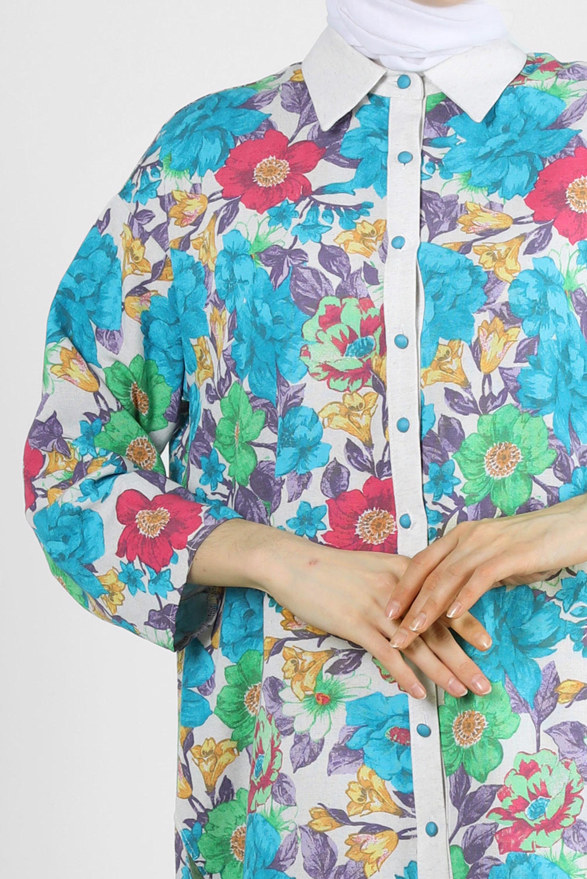 Tesettür giyim MAVİ ÇİÇEK DESENLİ İKİLİ PANTOLONLU TAKIM 43631