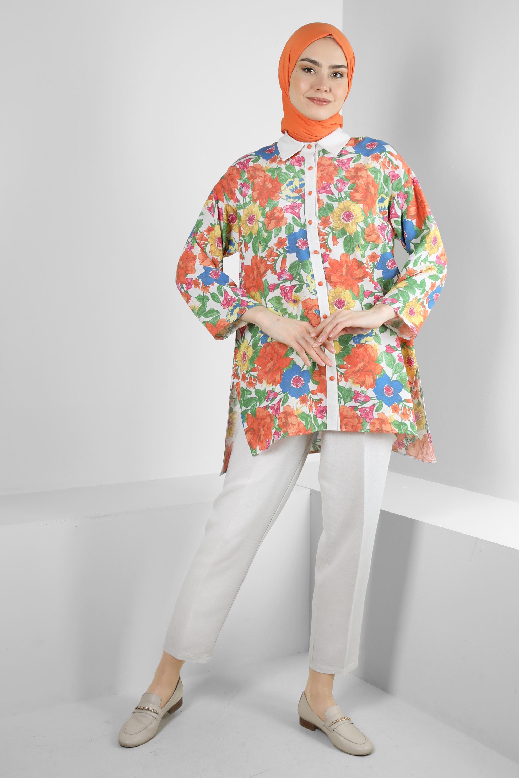 Tesettür giyim TURUNCU ÇİÇEK DESENLİ İKİLİ PANTOLONLU TAKIM 43631