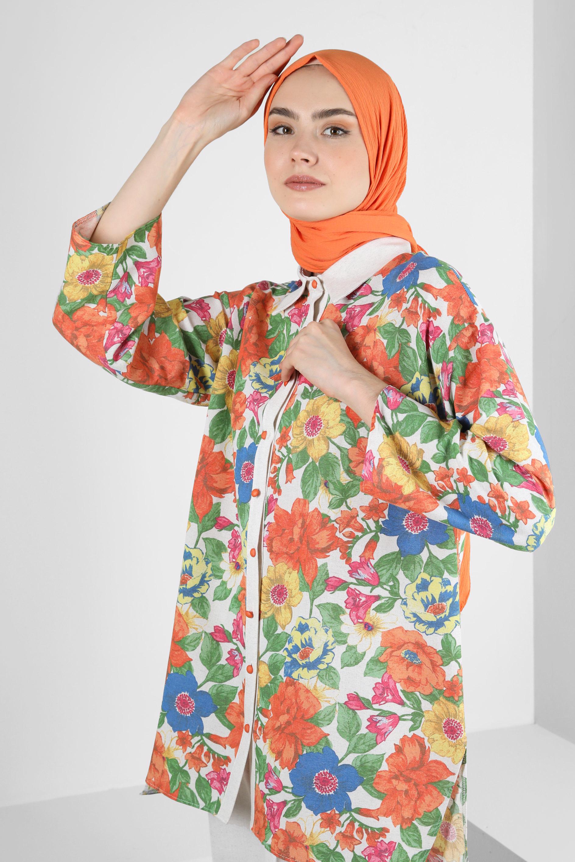 Tesettür giyim TURUNCU ÇİÇEK DESENLİ İKİLİ PANTOLONLU TAKIM 43631