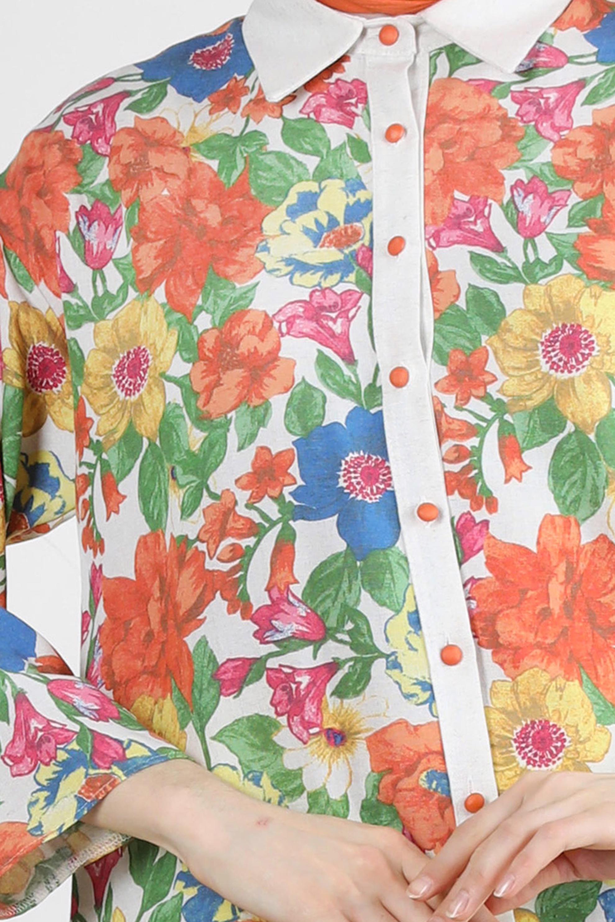 Tesettür giyim TURUNCU ÇİÇEK DESENLİ İKİLİ PANTOLONLU TAKIM 43631