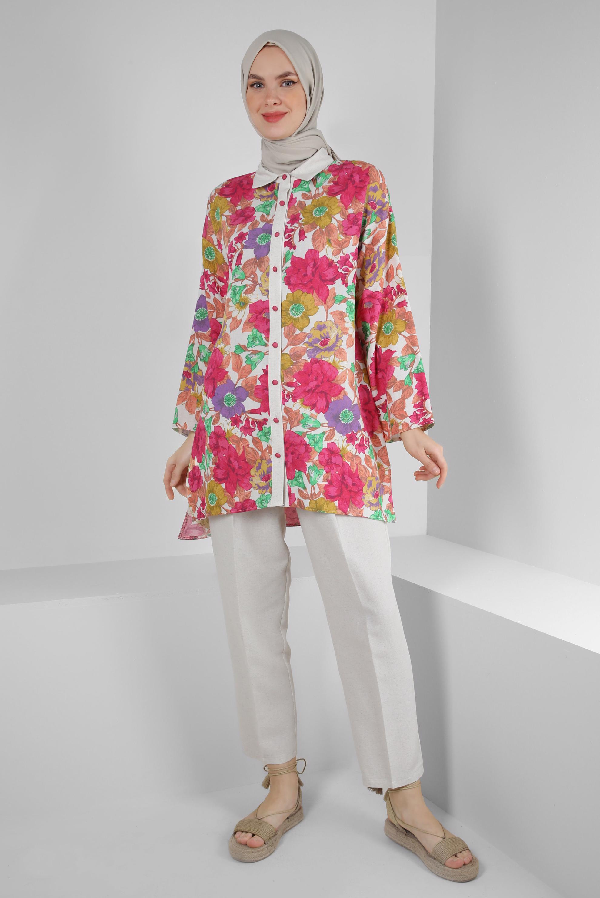 Tesettür giyim FUŞYA ÇİÇEK DESENLİ İKİLİ PANTOLONLU TAKIM 43631