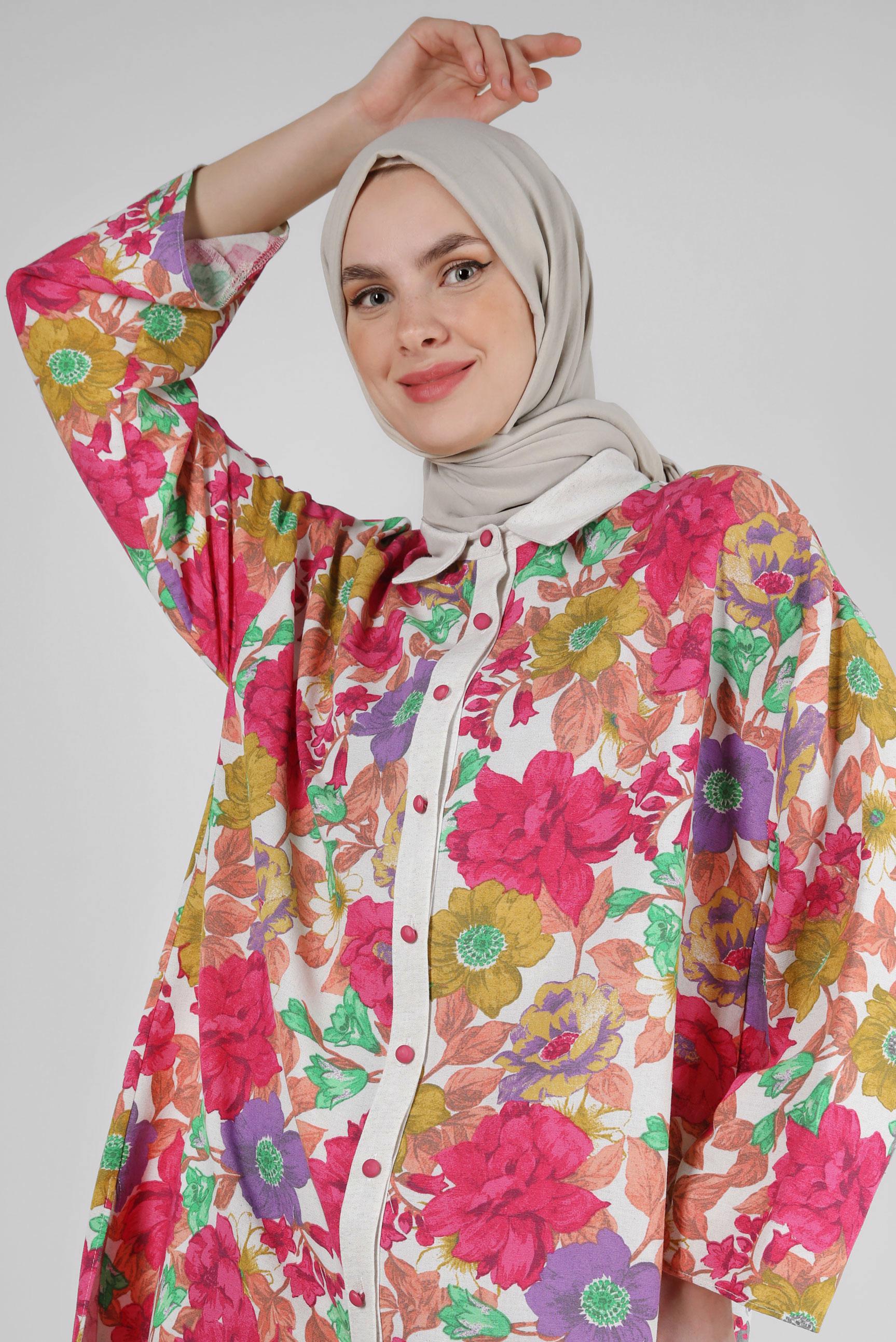 Tesettür giyim FUŞYA ÇİÇEK DESENLİ İKİLİ PANTOLONLU TAKIM 43631