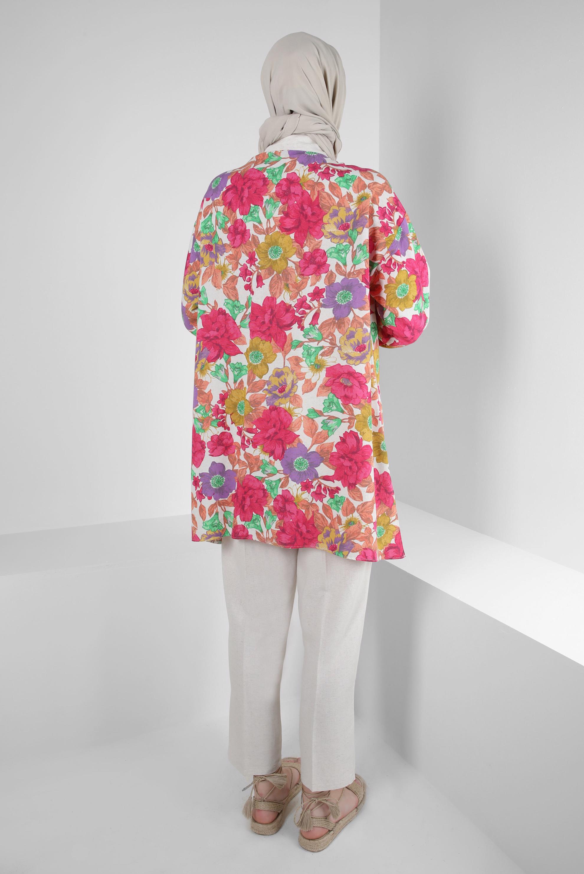 Tesettür giyim FUŞYA ÇİÇEK DESENLİ İKİLİ PANTOLONLU TAKIM 43631