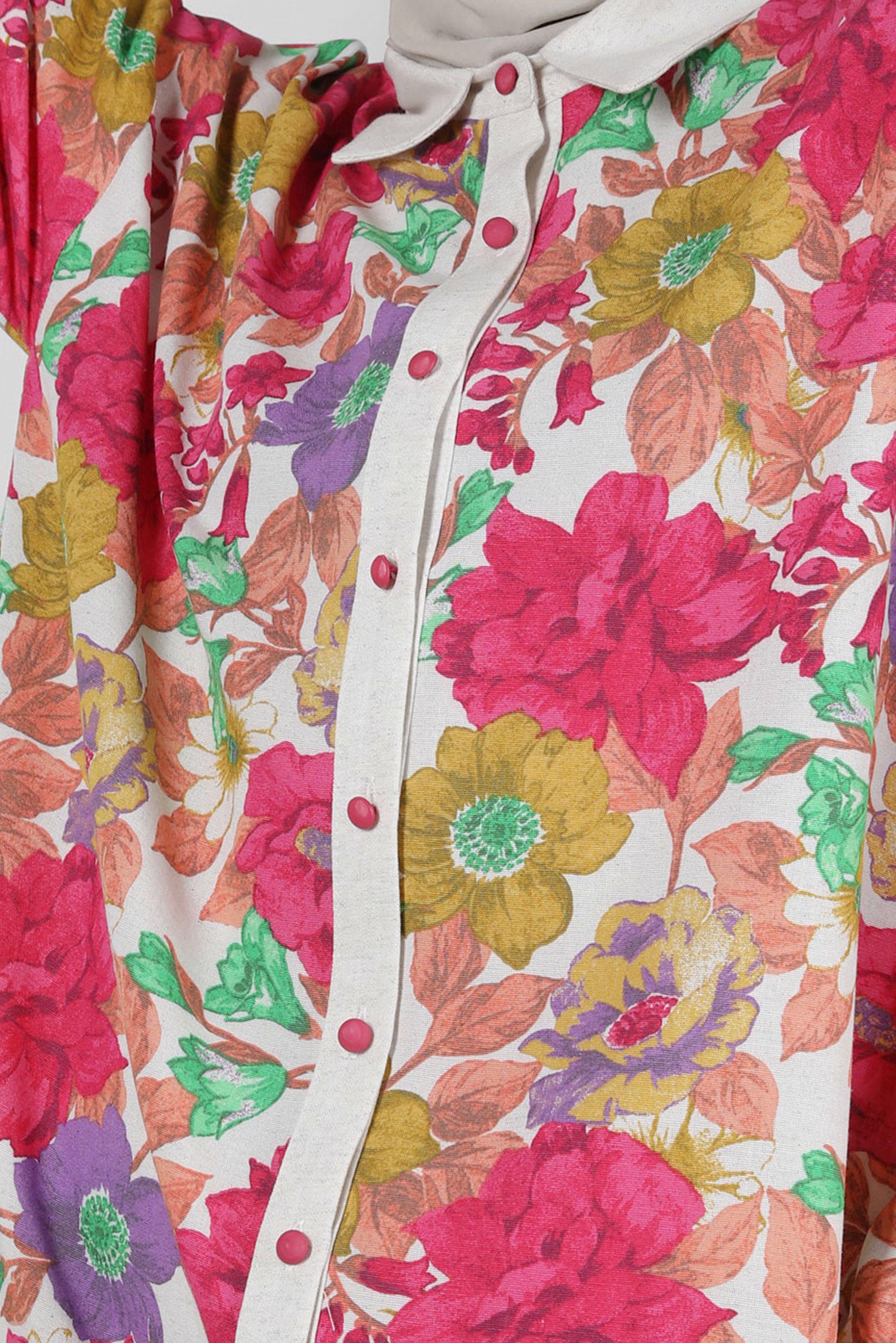 Tesettür giyim FUŞYA ÇİÇEK DESENLİ İKİLİ PANTOLONLU TAKIM 43631