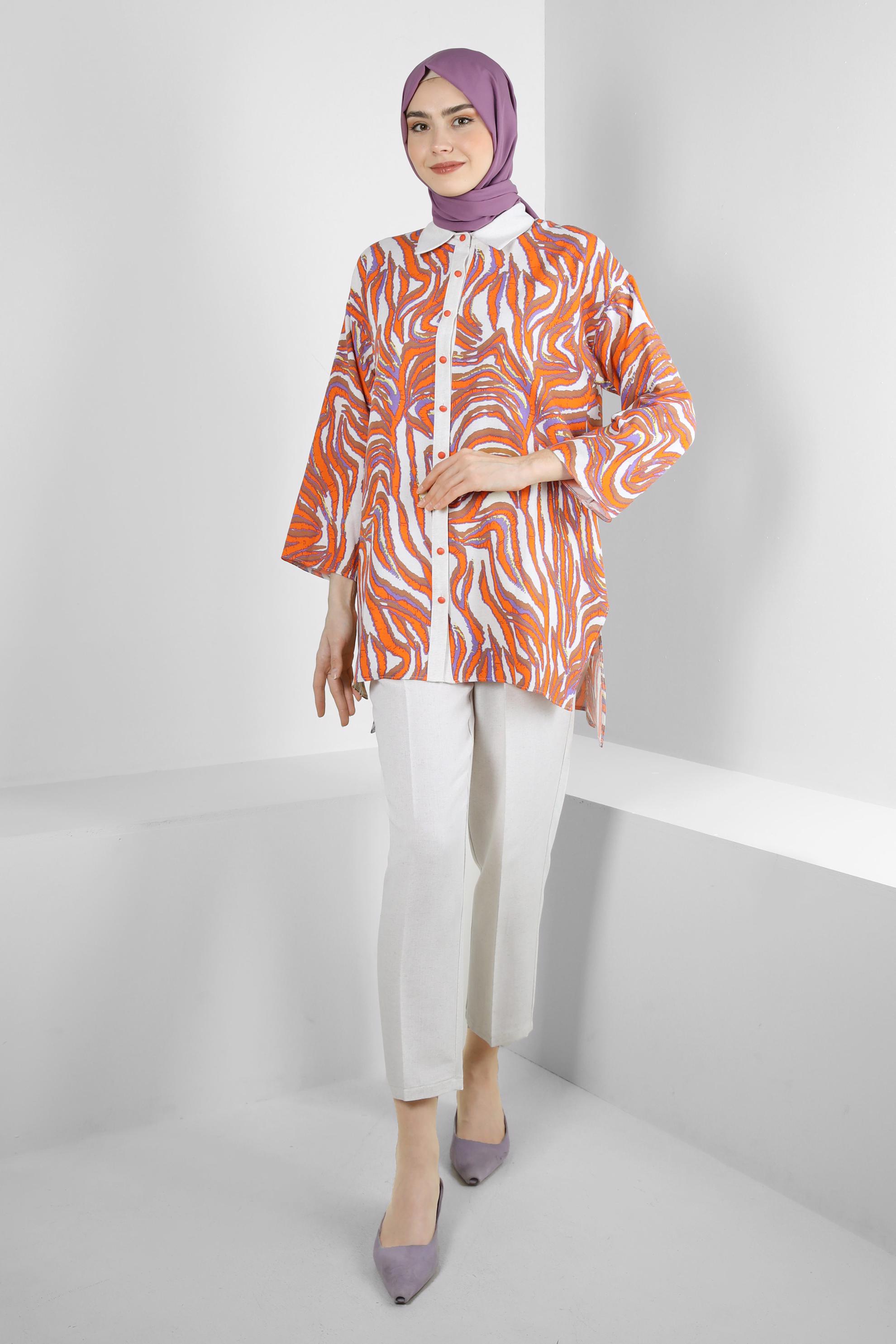 Tesettür giyim TURUNCU DESENLİ GÖMLEK YAKA İKİLİ PANTOLONLU TAKIM 43631-1