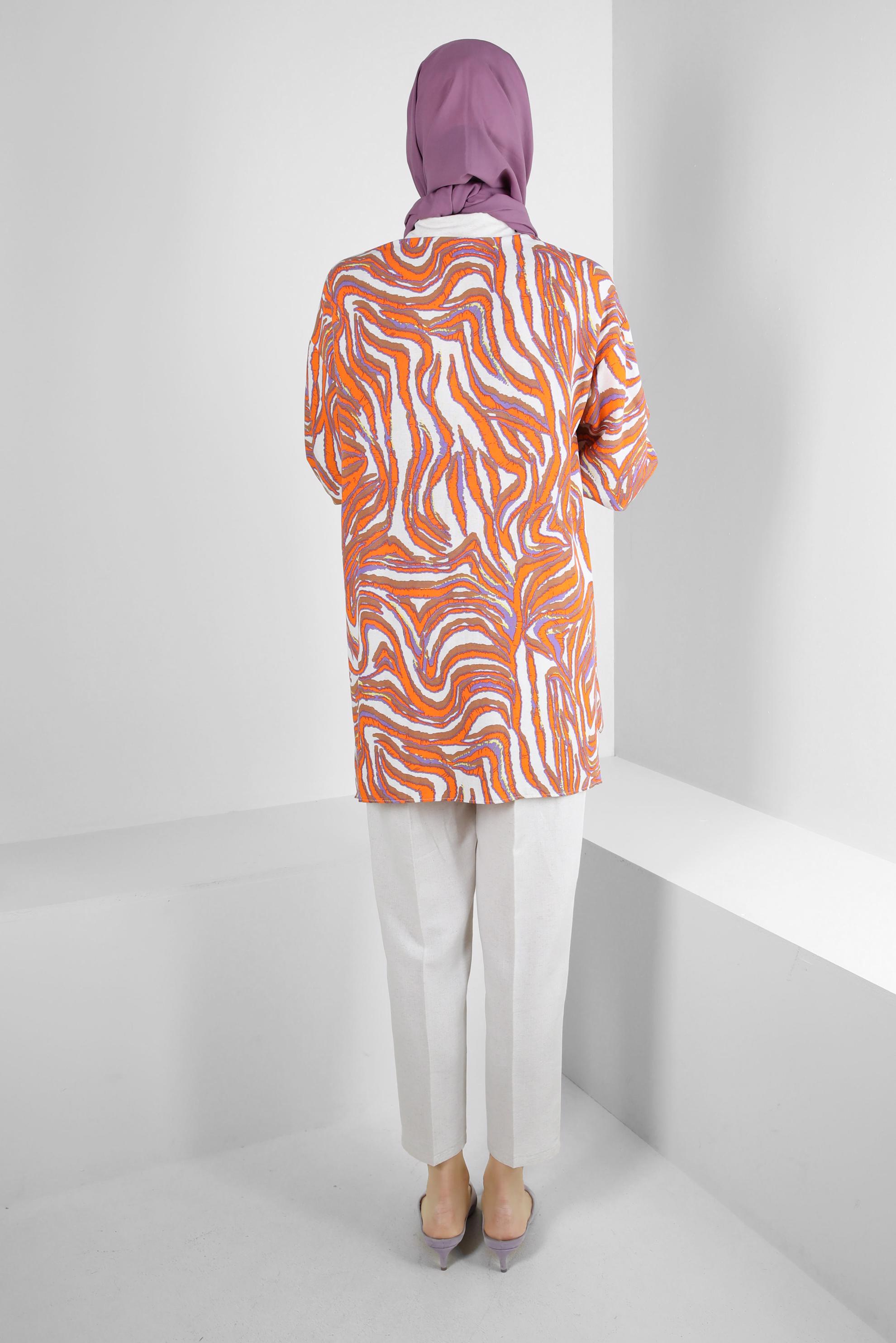 Tesettür giyim TURUNCU DESENLİ GÖMLEK YAKA İKİLİ PANTOLONLU TAKIM 43631-1