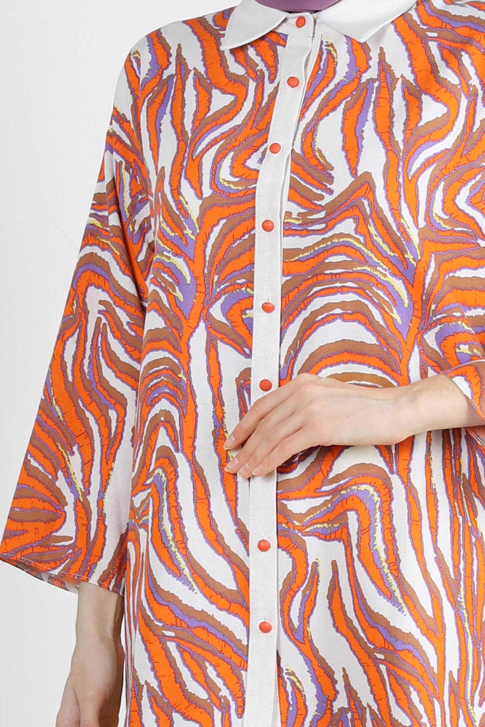 Tesettür giyim TURUNCU DESENLİ GÖMLEK YAKA İKİLİ PANTOLONLU TAKIM 43631-1