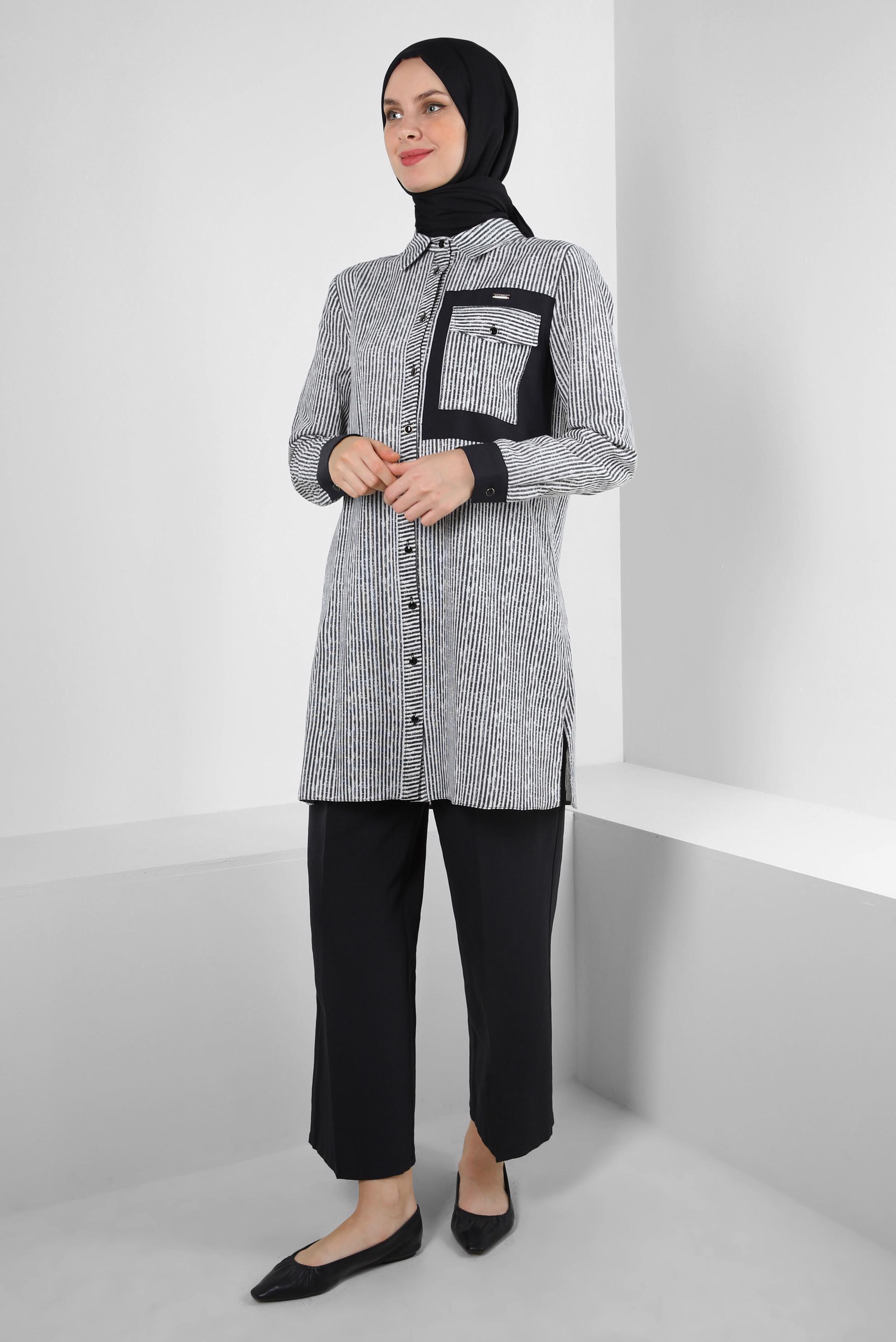 Tesettür giyim SİYAH ÇİZGİLİ GENİŞ PAÇA İKİLİ PANTOLONLU TAKIM 43635
