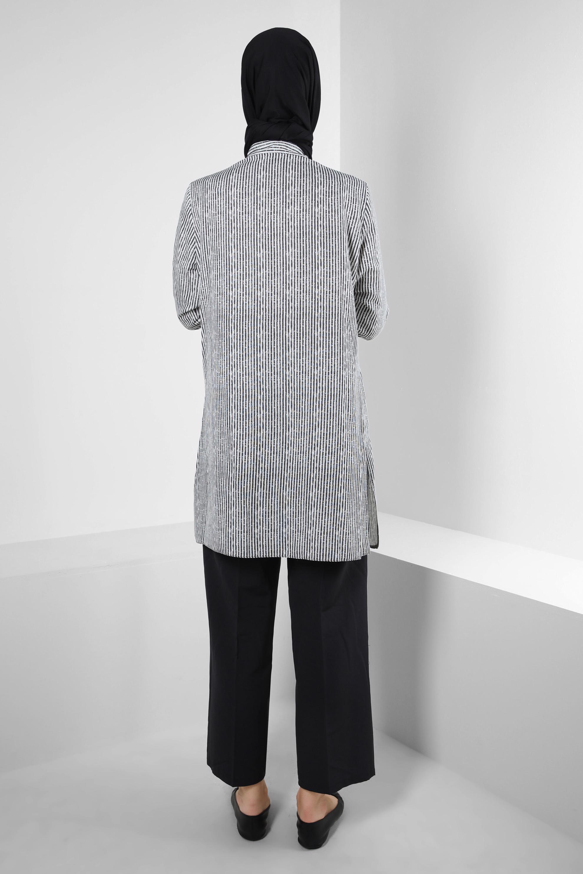 Tesettür giyim SİYAH ÇİZGİLİ GENİŞ PAÇA İKİLİ PANTOLONLU TAKIM 43635