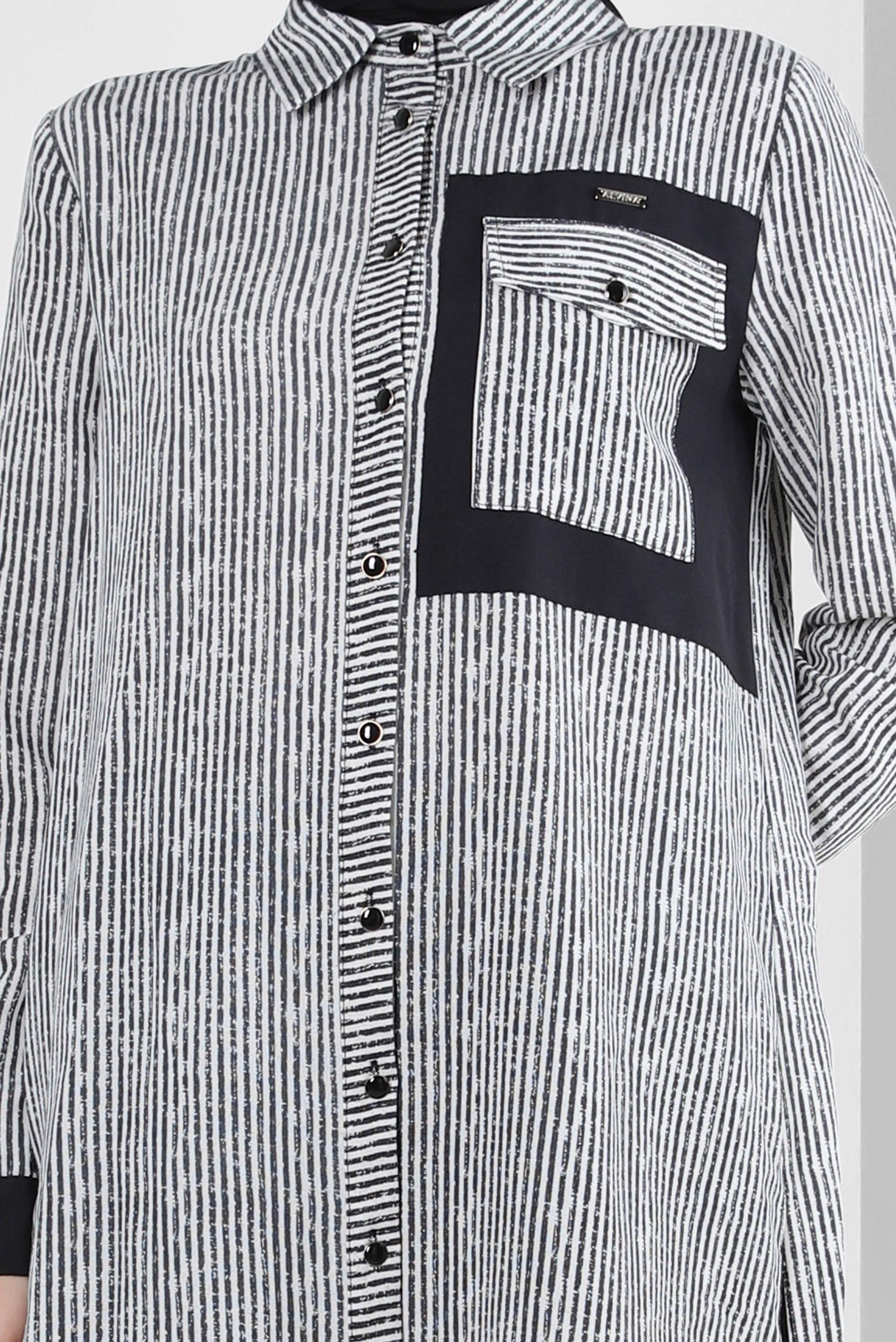 Tesettür giyim SİYAH ÇİZGİLİ GENİŞ PAÇA İKİLİ PANTOLONLU TAKIM 43635