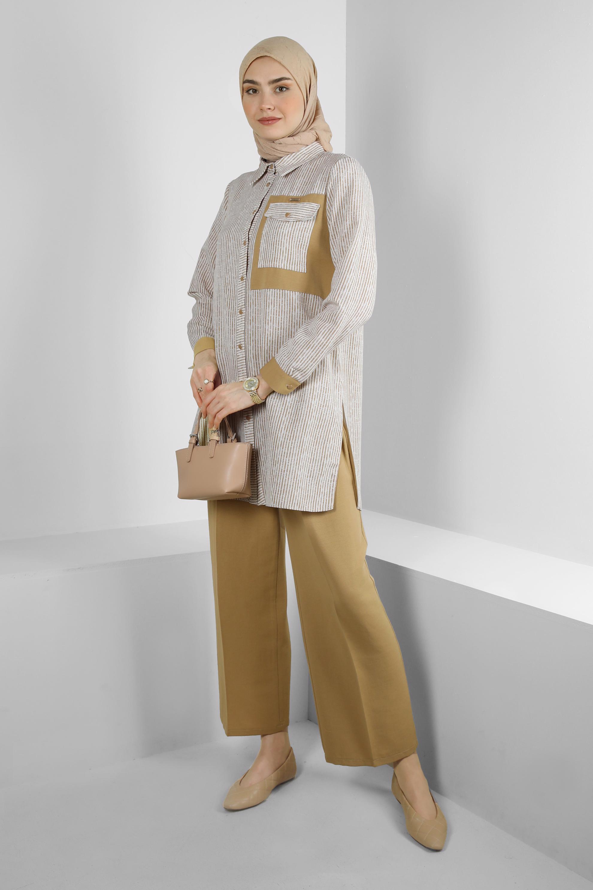 Tesettür giyim KAHVE ÇİZGİLİ GENİŞ PAÇA İKİLİ PANTOLONLU TAKIM 43635