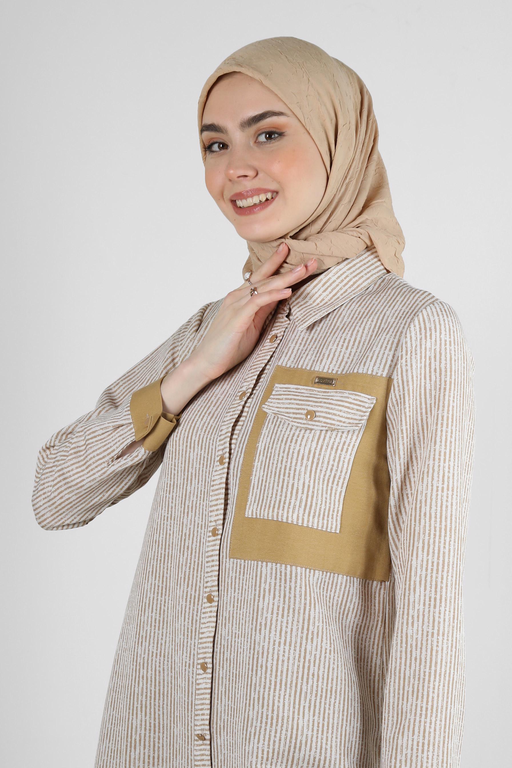 Tesettür giyim KAHVE ÇİZGİLİ GENİŞ PAÇA İKİLİ PANTOLONLU TAKIM 43635