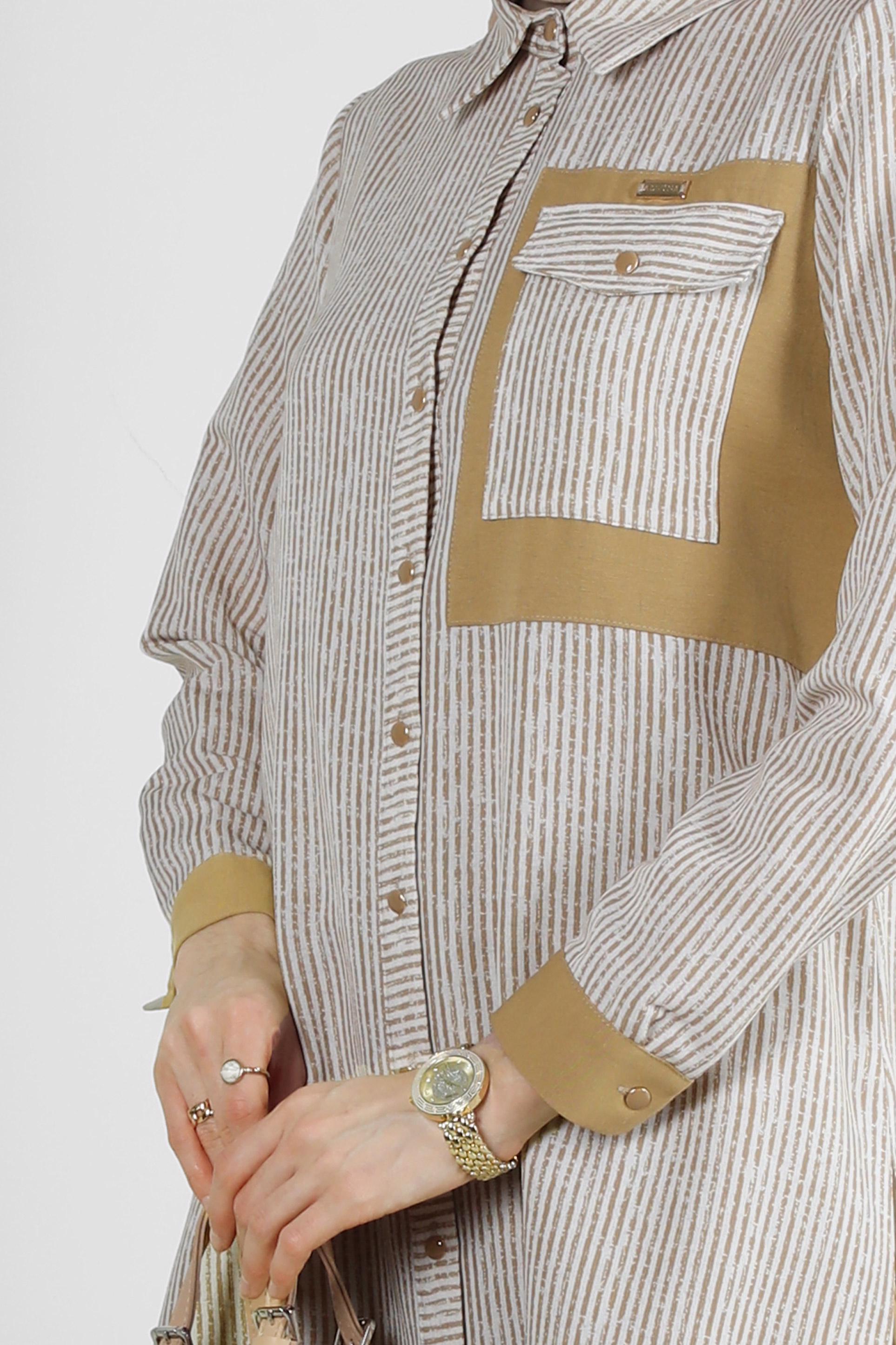 Tesettür giyim KAHVE ÇİZGİLİ GENİŞ PAÇA İKİLİ PANTOLONLU TAKIM 43635