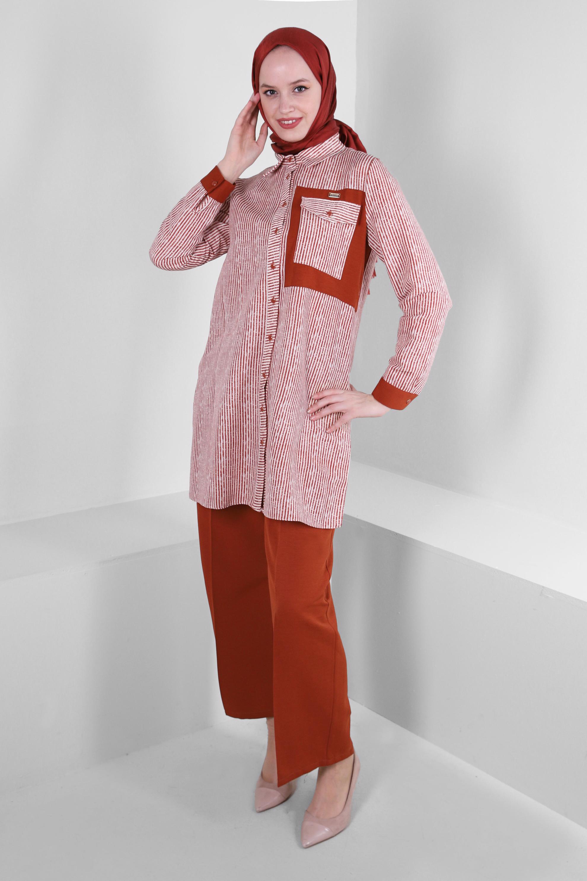 Tesettür giyim TURUNCU ÇİZGİLİ GENİŞ PAÇA İKİLİ PANTOLONLU TAKIM 43635